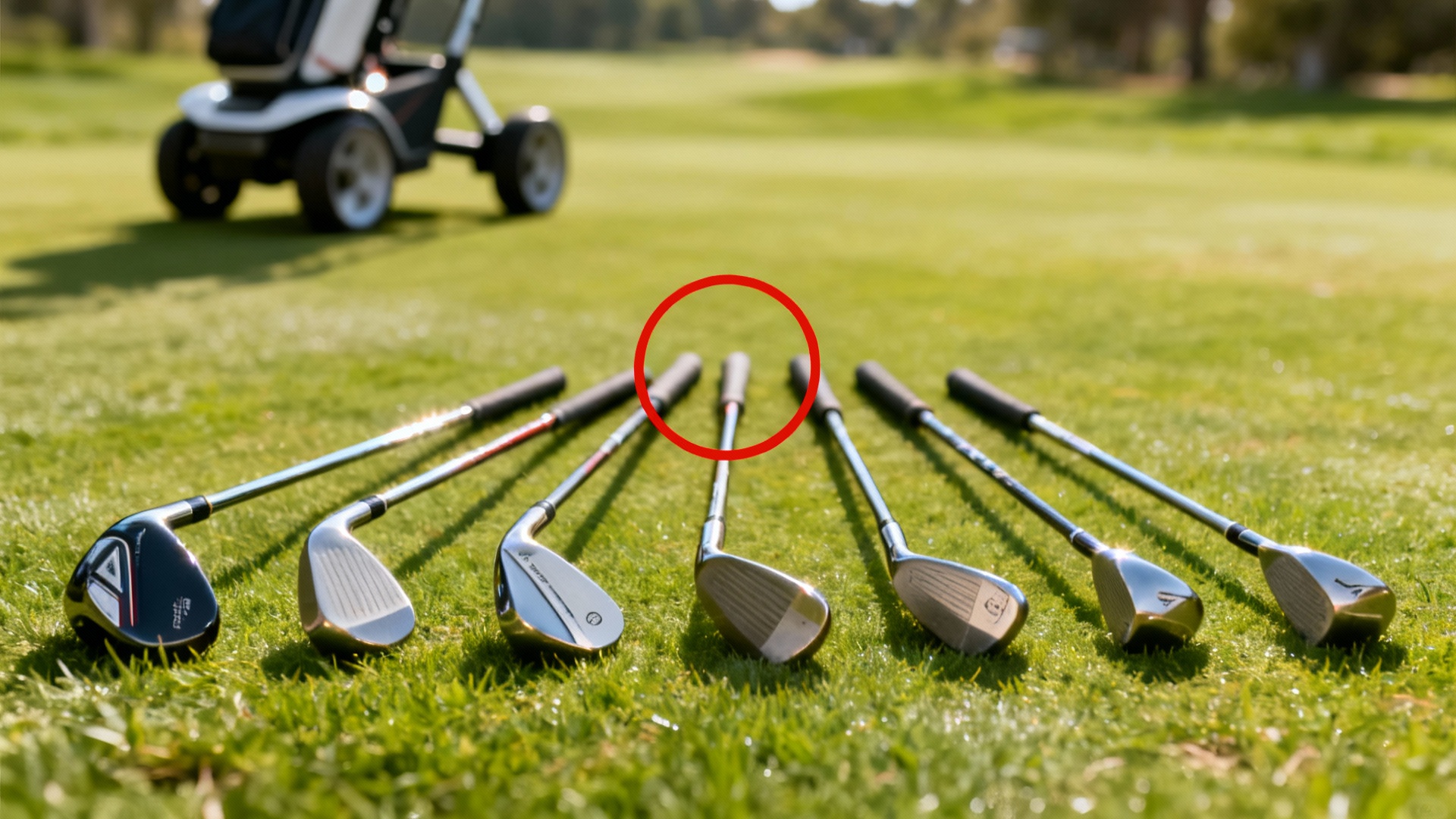 7 clubs de golf mis en avant, flèche rouge, chariot de golf discret en arrière-plan