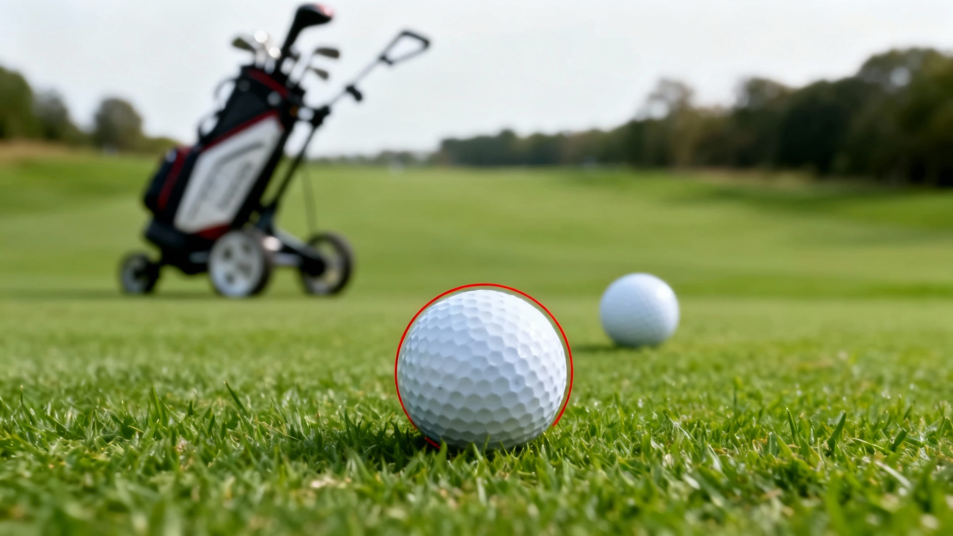 Balle de golf en gros plan sur green, flèche rouge, chariot de golf élégant en arrière-plan