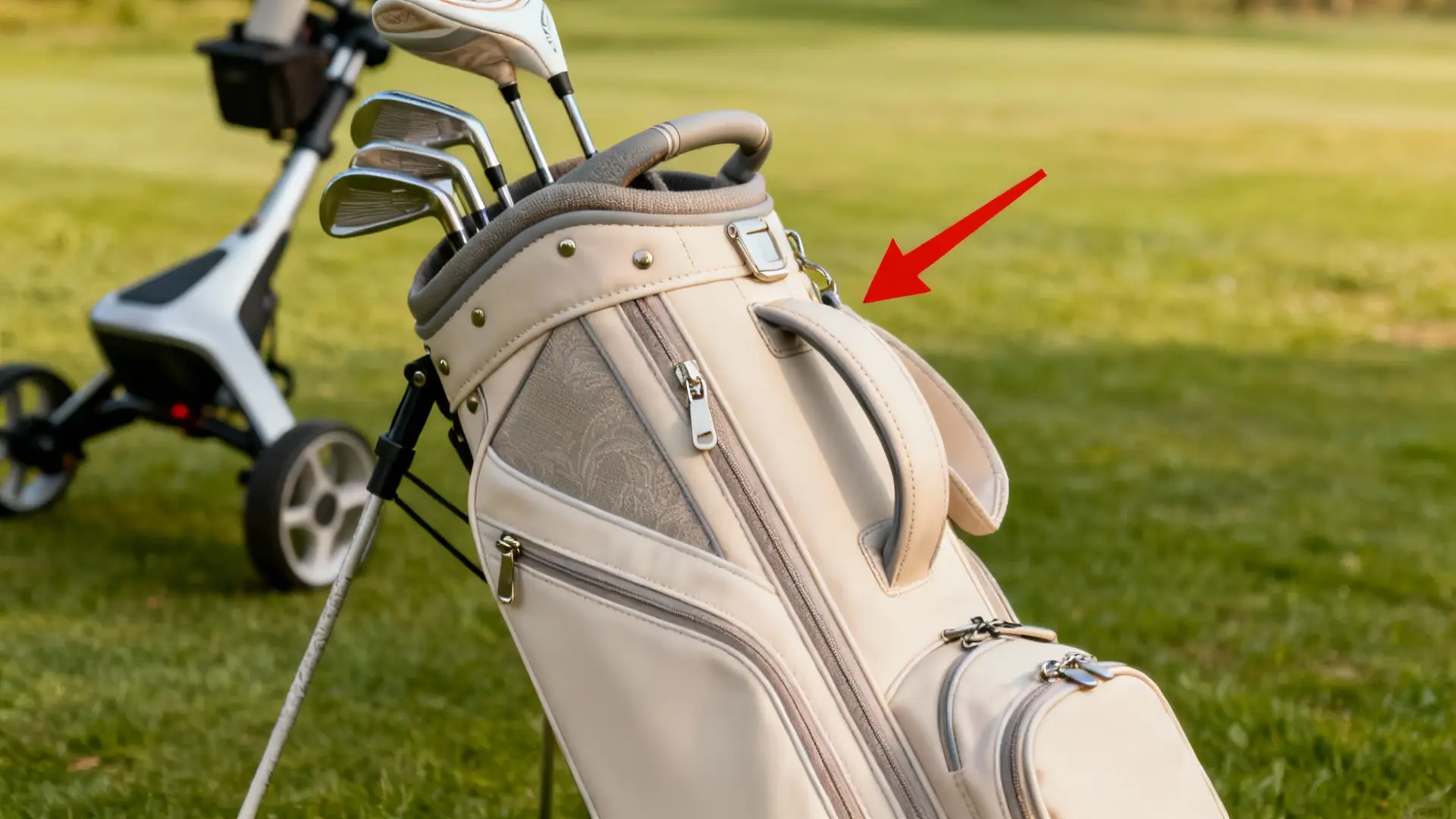 Sac de golf ergonomique et élégant pour senior, chariot de golf discret en arrière-plan