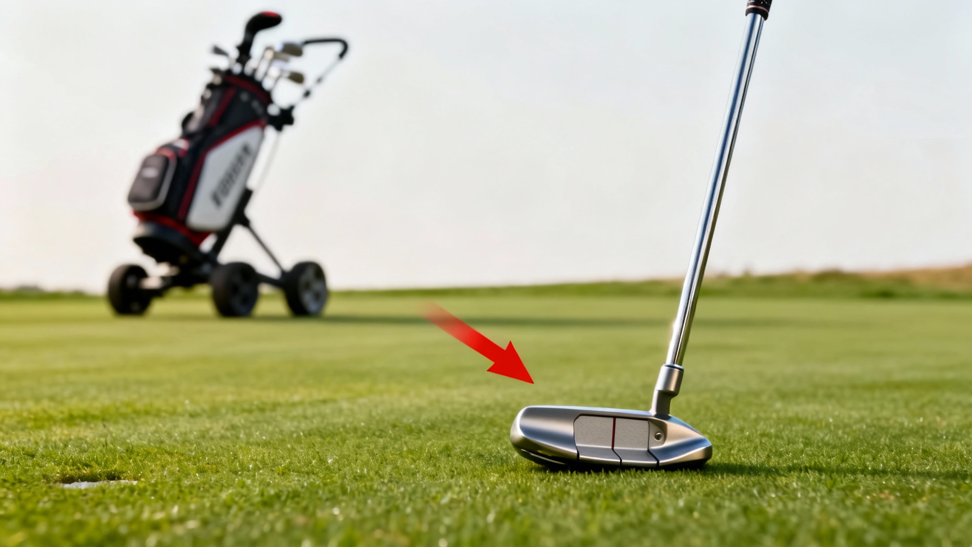 Senior examinant des putters avec chariot de golf moderne en arrière-plan flou et flèche rouge