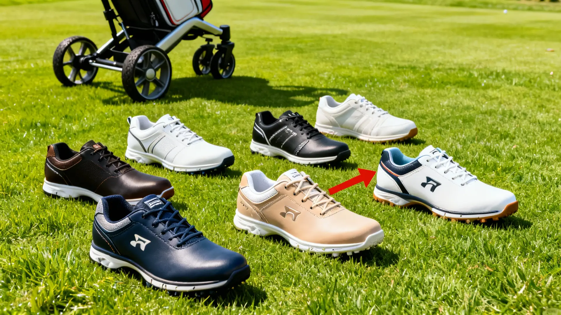 Différents modèles de chaussures de golf débutant, flèche rouge, chariot en fond