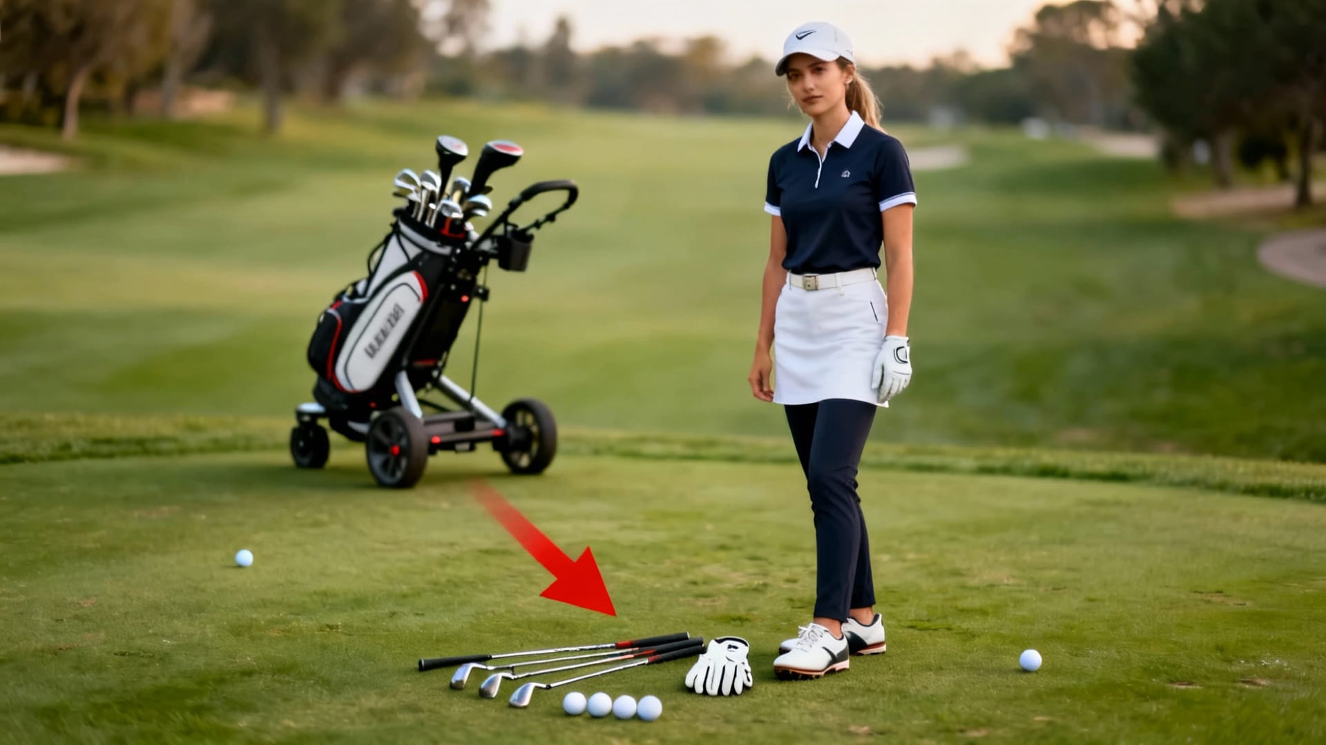 Clubs de golf femme réalistes et sac sur chariot, flèche rouge sur club essentiel