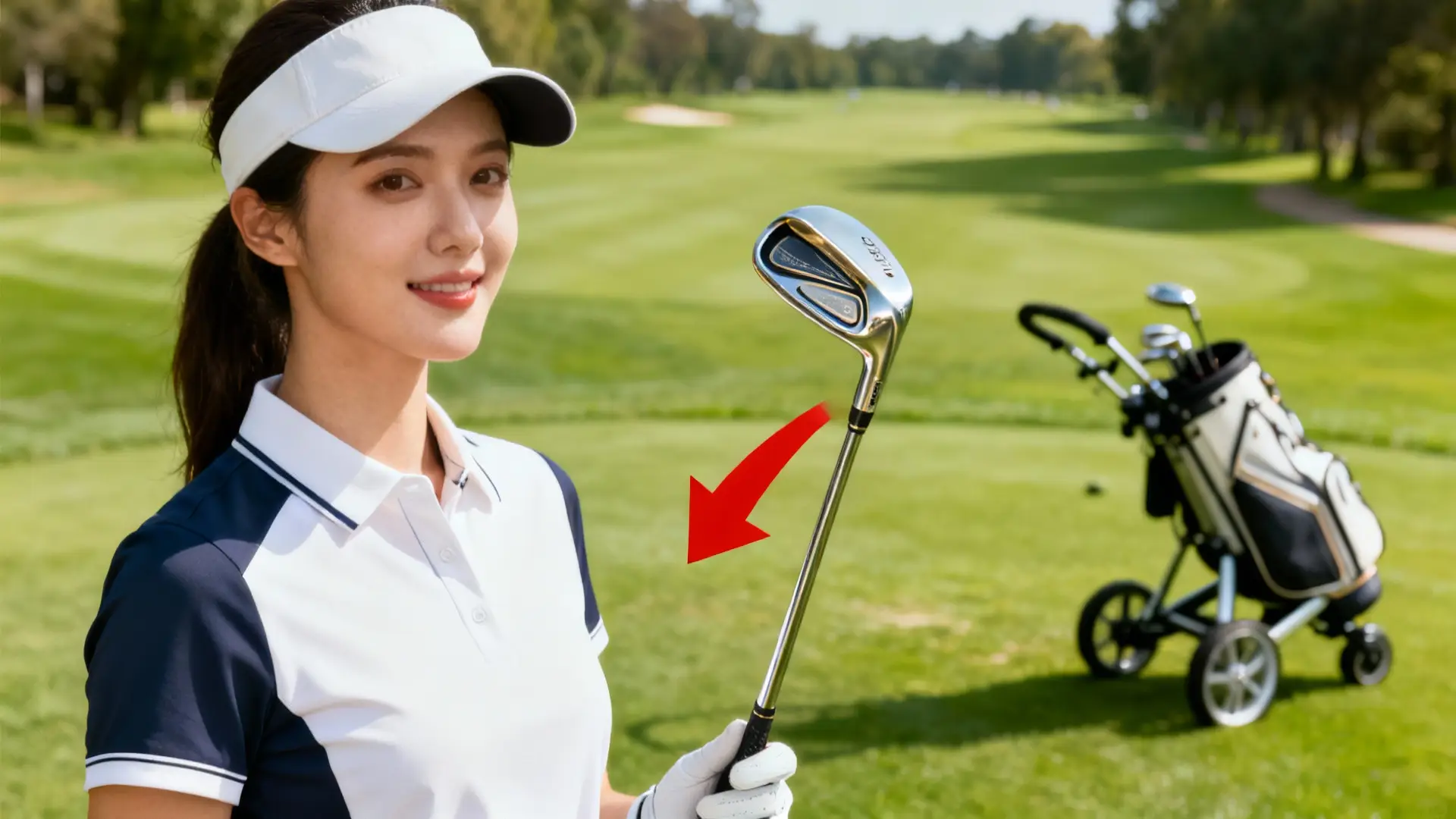 Golfeuse élégante tenant un club avec flèche rouge, chariot de golf en arrière-plan