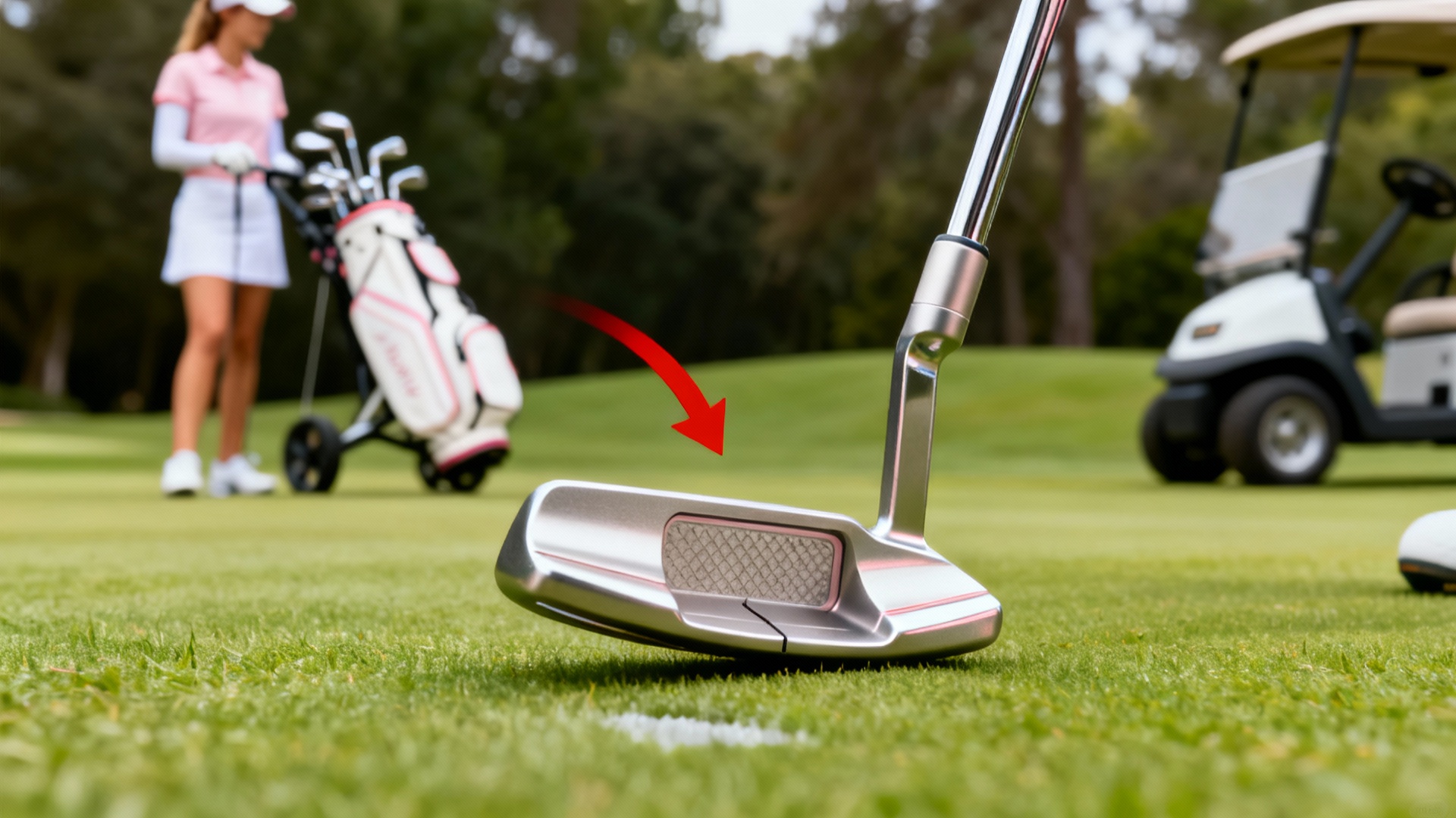 Plusieurs putters femme élégants, cercle rouge sur le meilleur, chariot de golf en arrière-plan