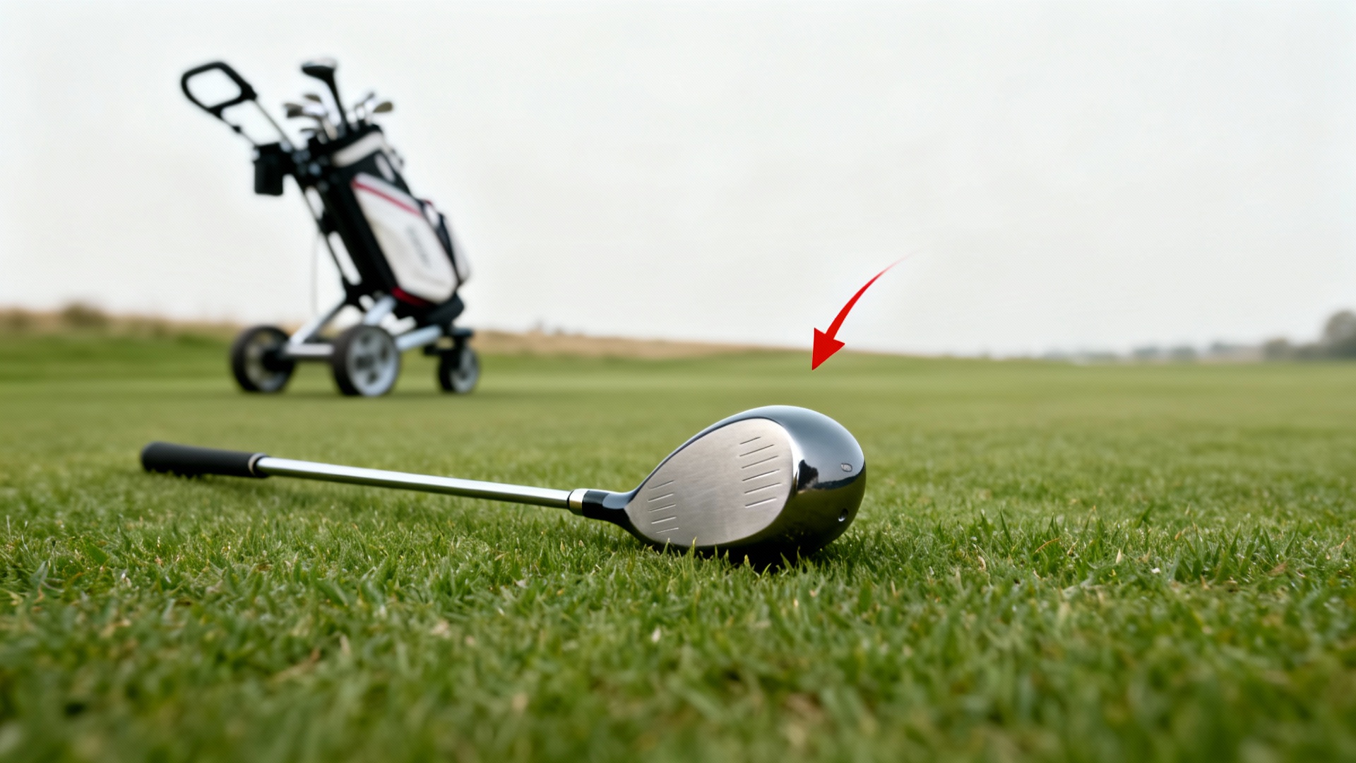 Driver de golf pour femme en gros plan, main féminine et chariot de golf en arrière-plan