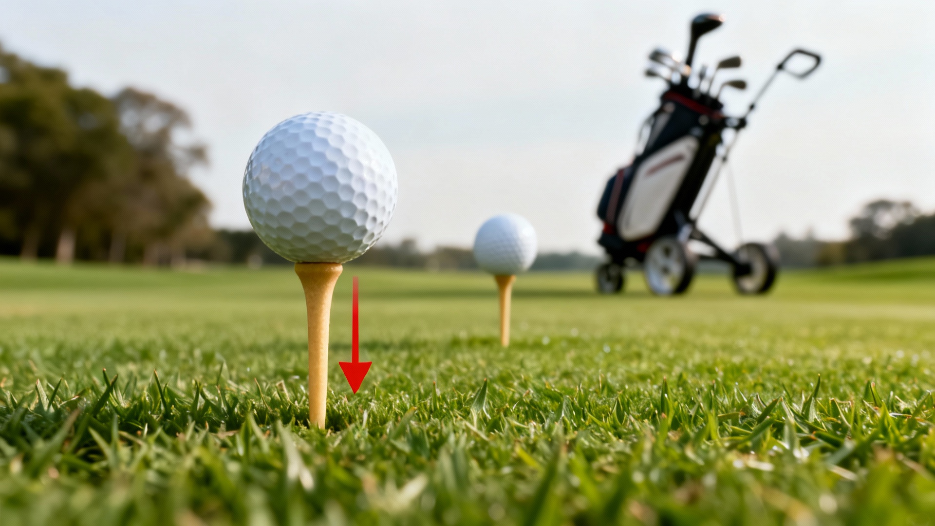 Différentes hauteurs de tees de golf sur herbe, club et chariot minimaliste en arrière-plan