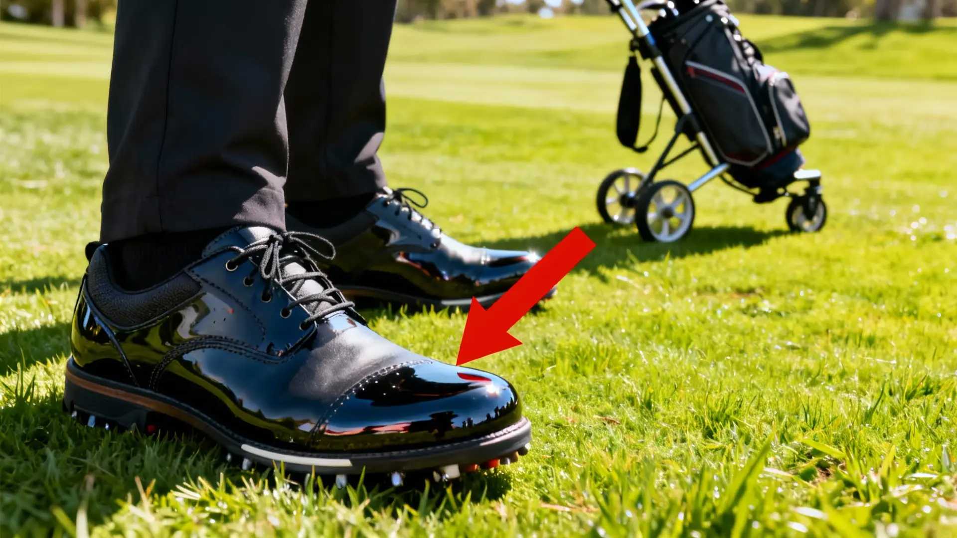 Chaussures de golf imperméables en gros plan, chariot de golf en arrière-plan