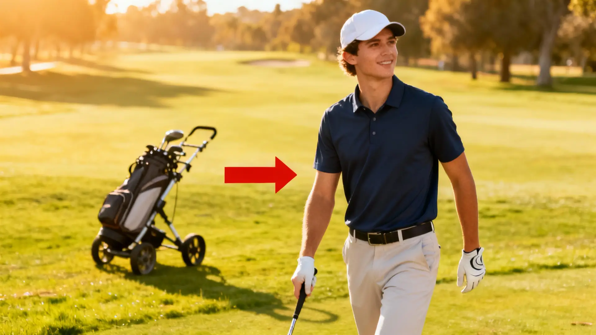 Débutant stylé en tenue de golf abordable avec chariot en arrière-plan et flèche rouge