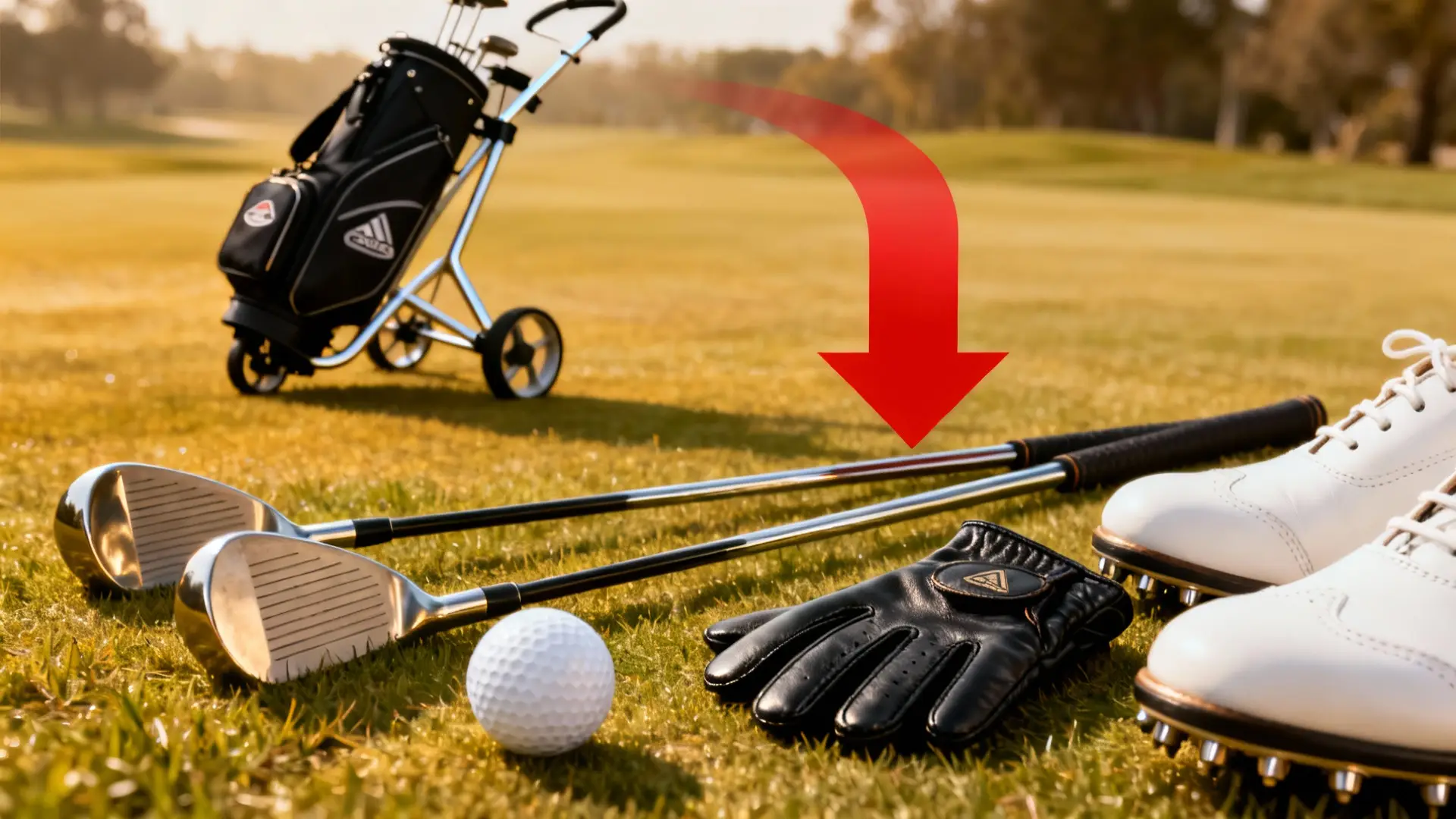Matériel de golf essentiel au sol avec clubs, gant, sac et flèche rouge qui entoure un objet