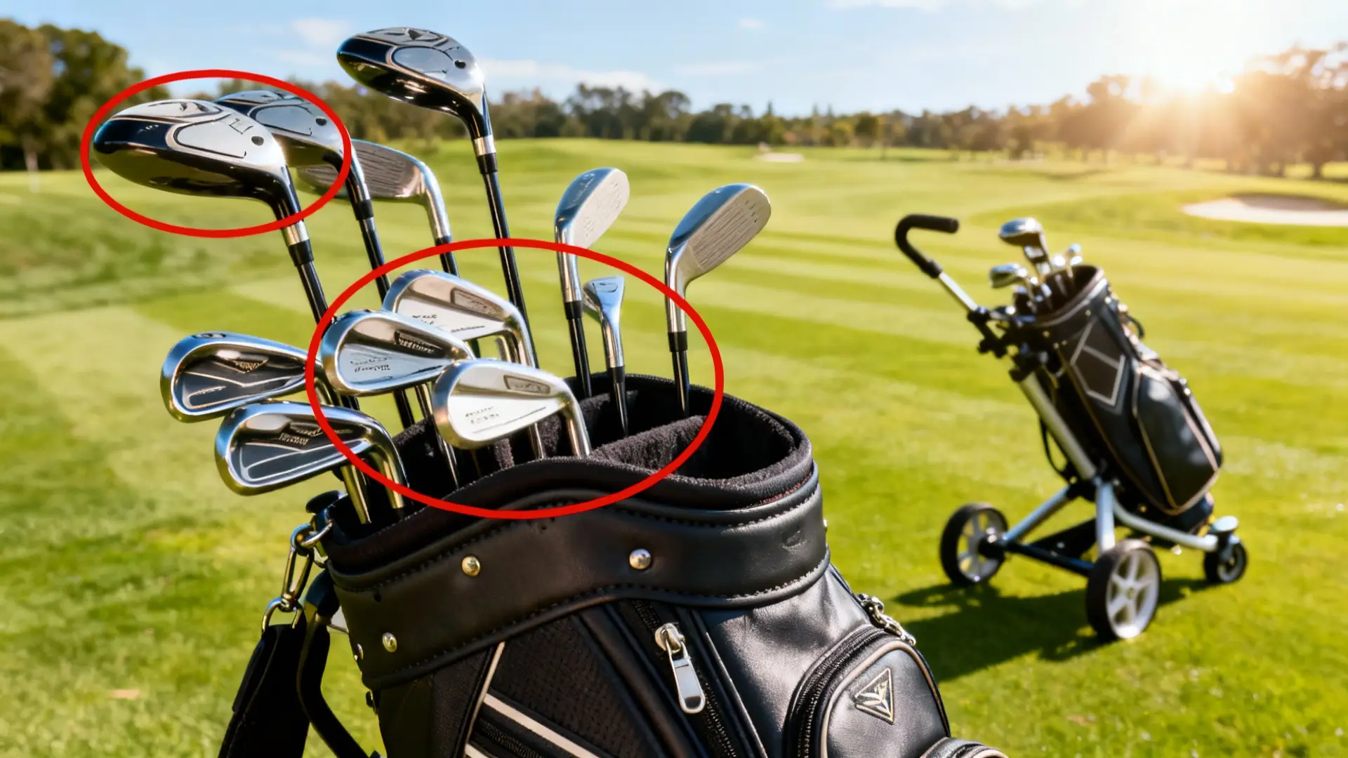 Sac de golf premium ouvert montrant 14 clubs, chariot de golf moderne en fond sur le parcours