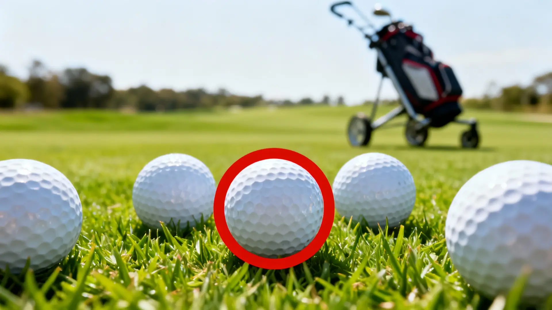 Gros plan de balles de golf avec cercle rouge, chariot de golf flou en arrière-plan