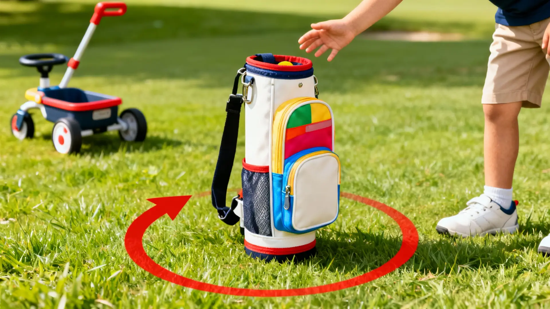 Sac de golf junior en avant-plan, enfant, flèche rouge, chariot pour enfants discrètement derrière