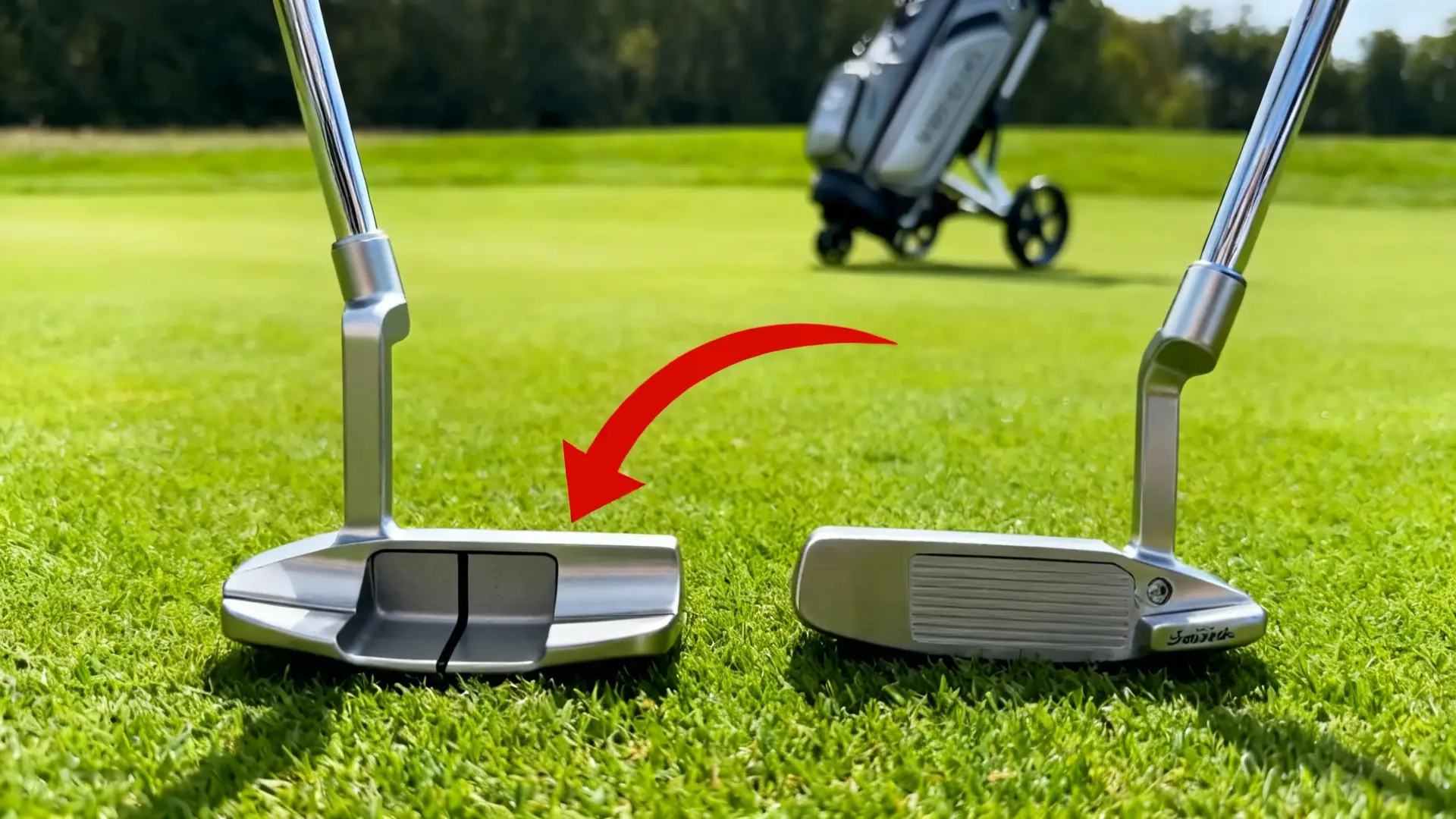 Putter maillet et lame réalistes sur green avec chariot de golf en arrière-plan