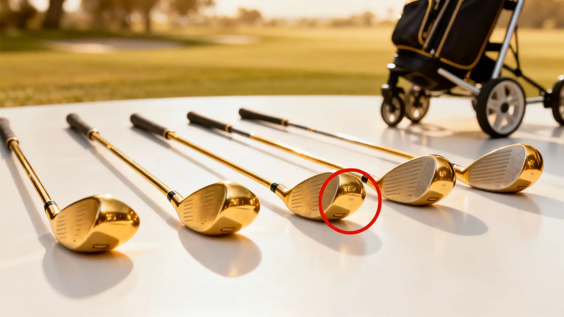 Drivers de golf réalistes aux lofts variés, un cercle rouge, chariot en arrière-plan