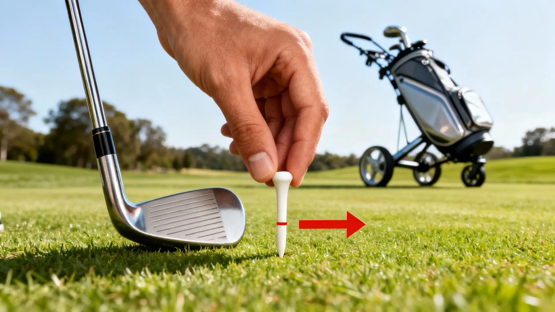 Main plaçant un tee de golf à la bonne hauteur, club aligné, flèche rouge et chariot derrière