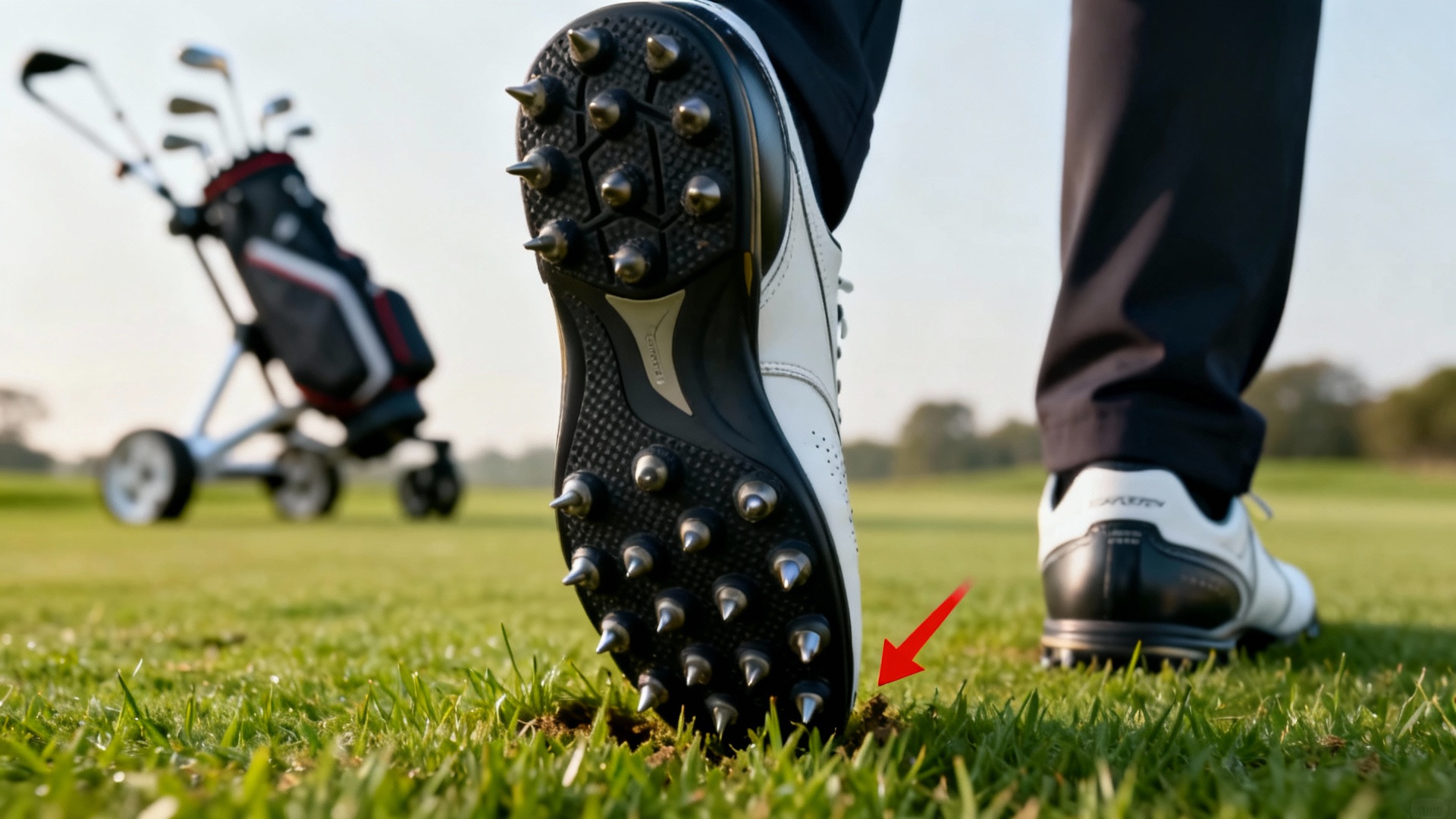Différentes semelles de chaussures de golf comparées avec un chariot de golf derrière sur le green