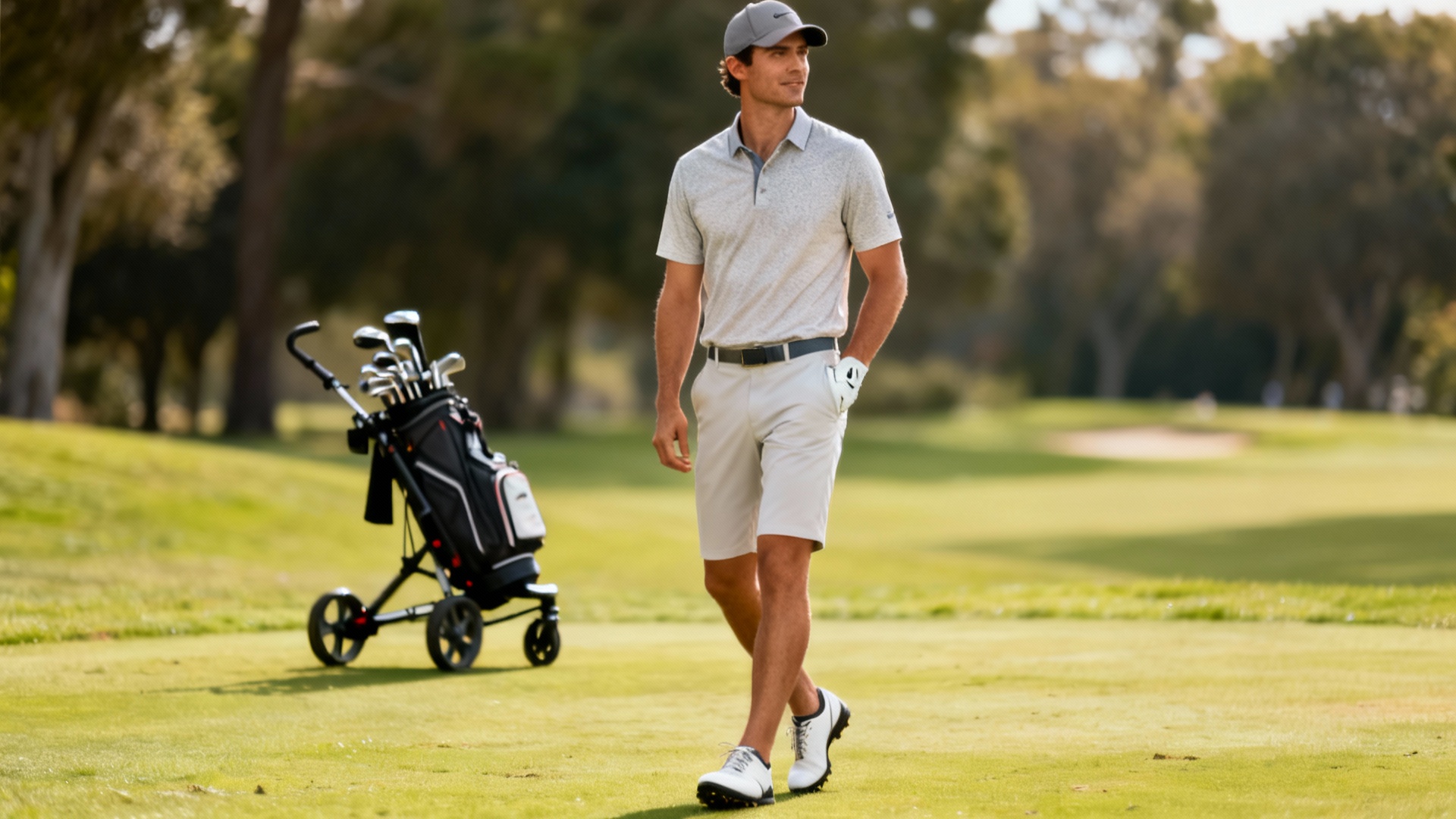 Tenue de golf estivale élégante sur mannequin, chariot de golf en arrière-plan sur green