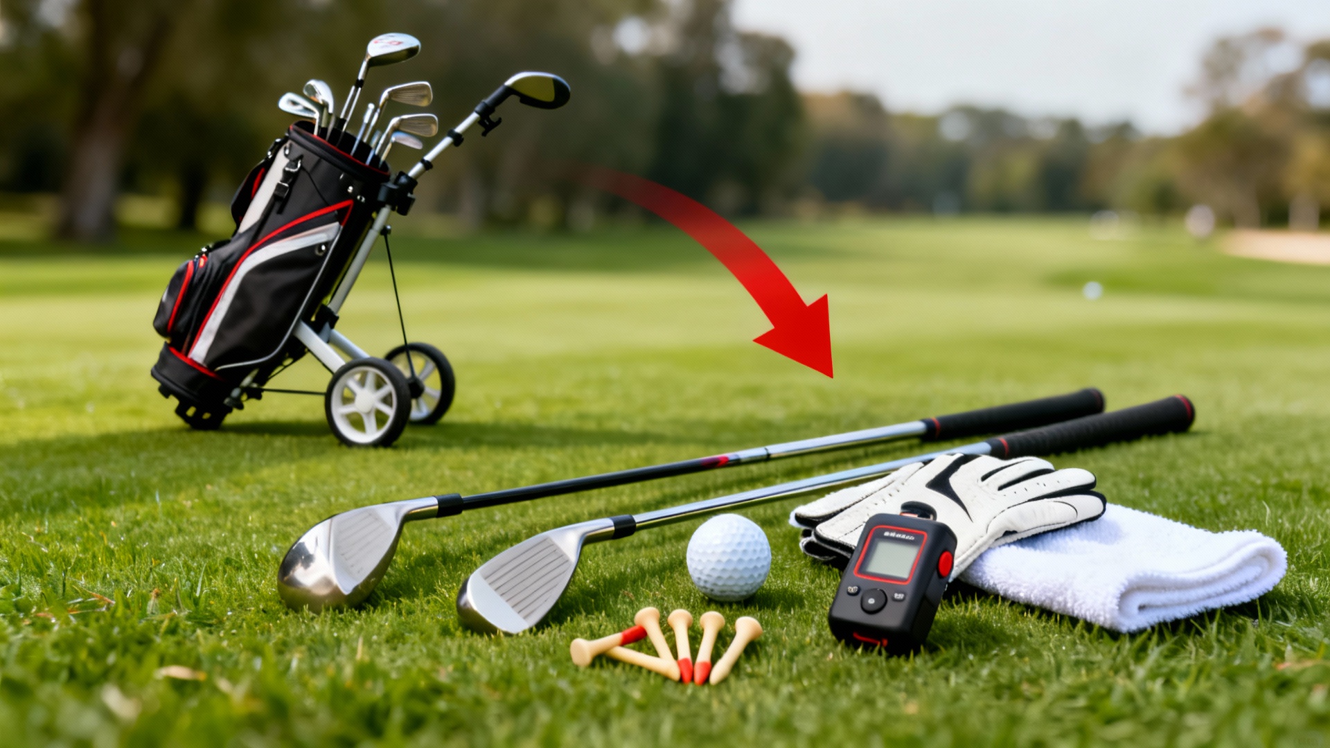 Équipement de golf réaliste avec flèche rouge, chariot discret en fond sur un green lumineux