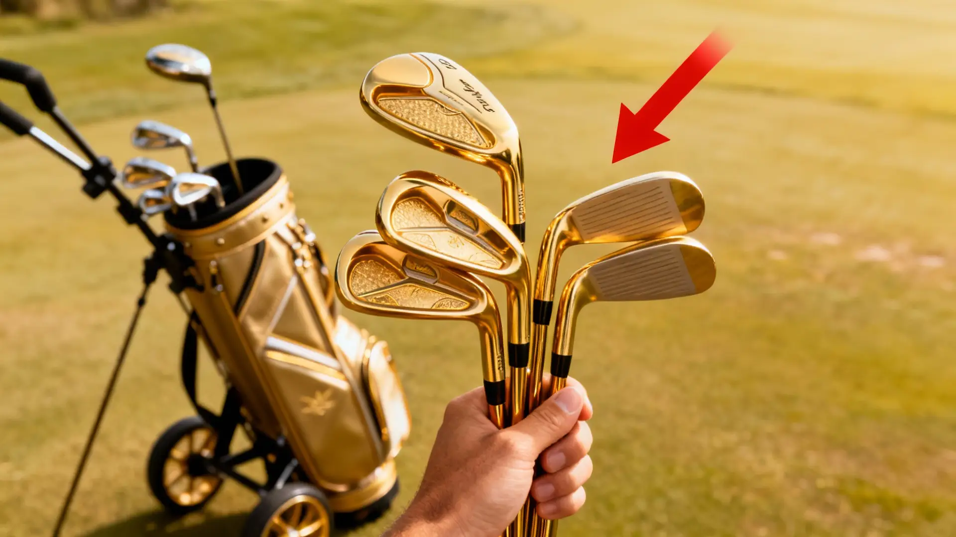 Sélection de clubs de golf en main avec chariot de golf en arrière-plan et flèche rouge