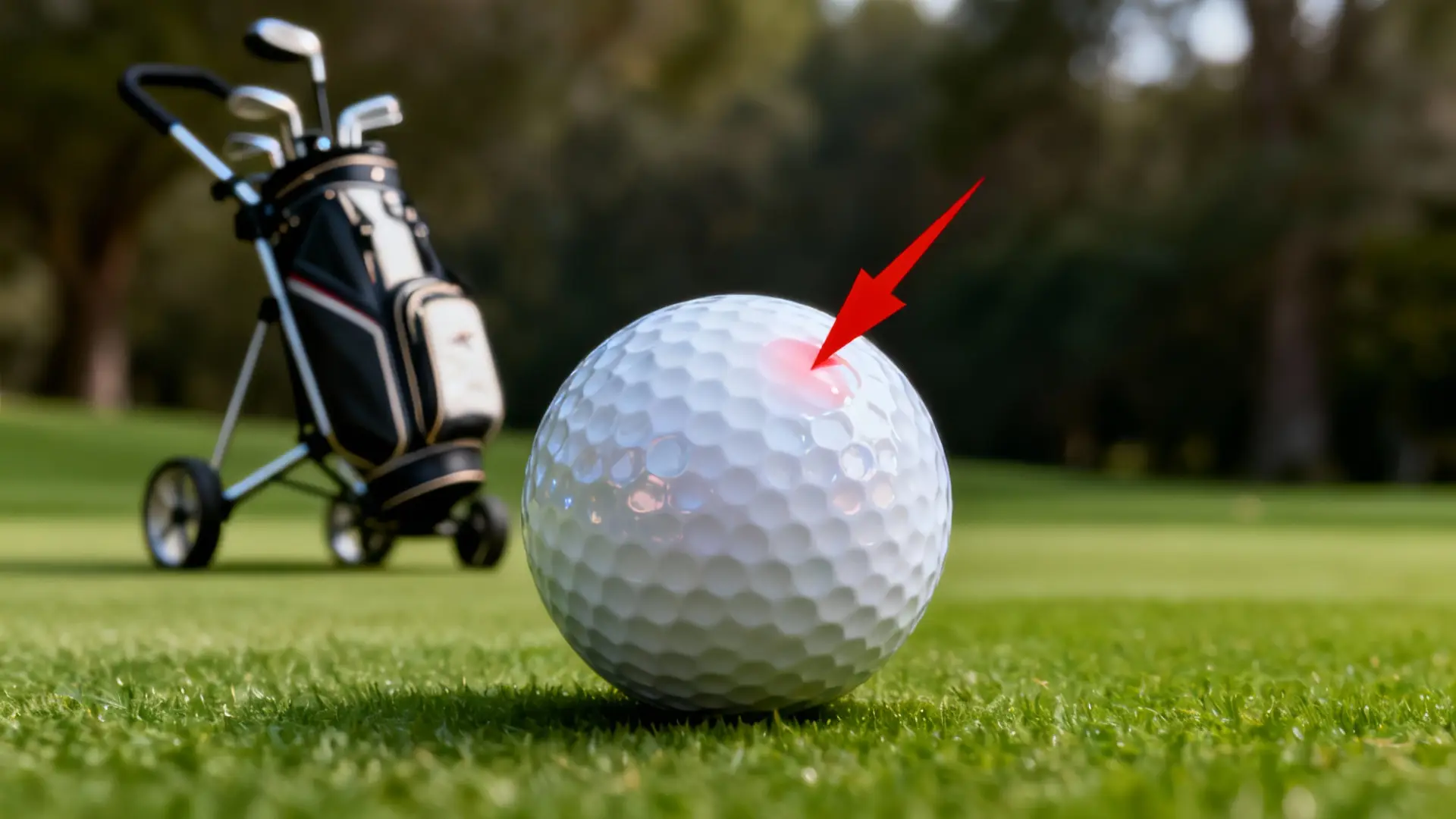 Balles de golf brillantes avec flèche rouge, chariot de golf moderne en arrière-plan