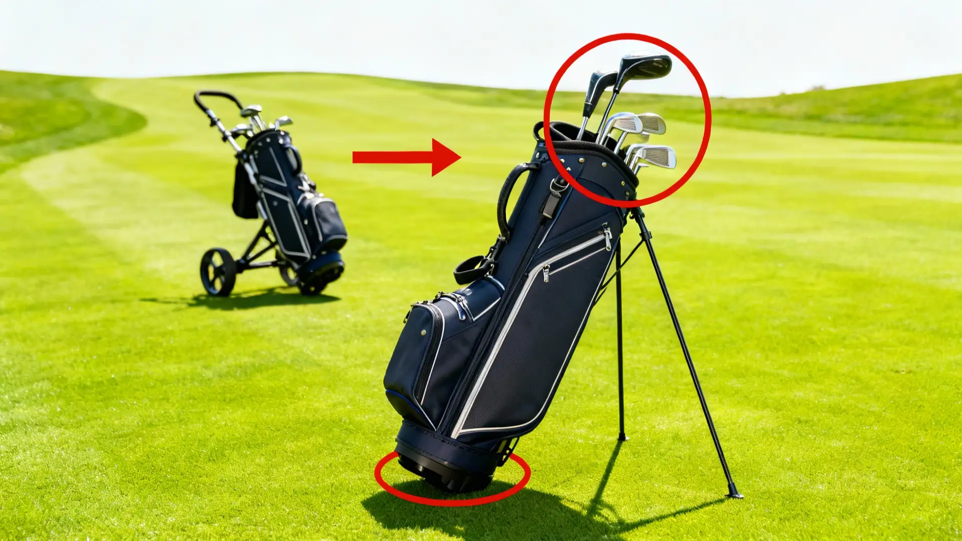 Sac de golf trépied en avant, sac sur chariot en arrière-plan, cercle rouge, flèche rouge