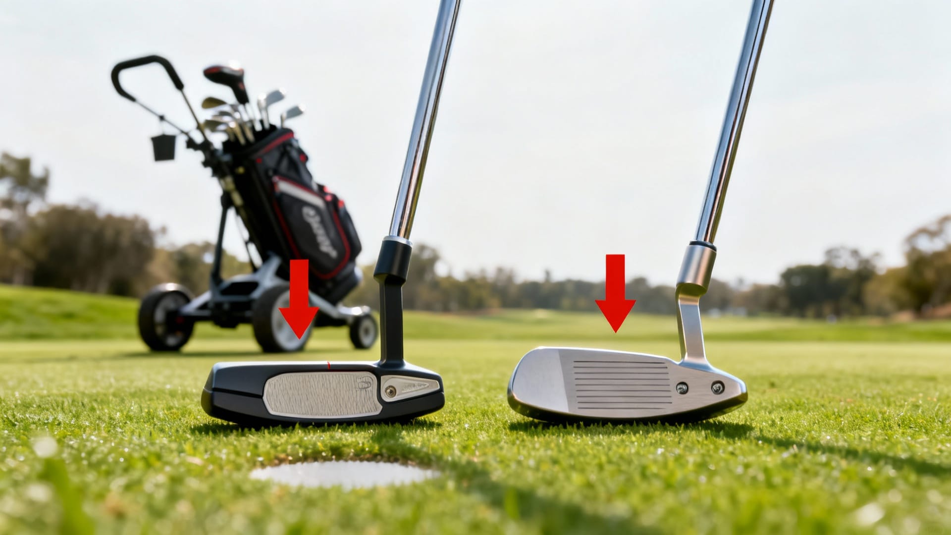 Putter maillet et lame comparés sur green, cercle rouge, chariot de golf en arrière-plan