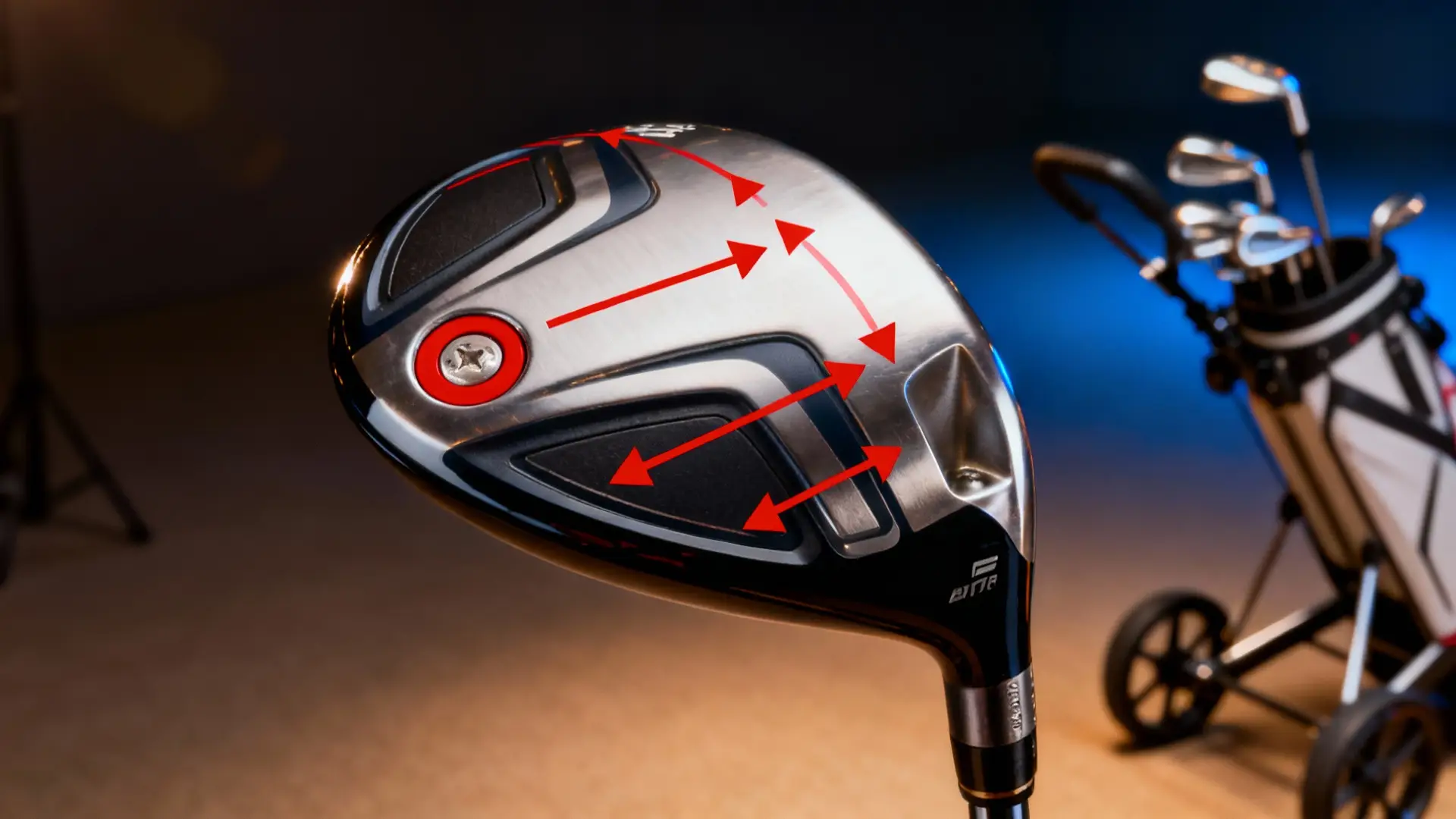 Driver de golf avec flèches rouges indiquant les lofts, chariot moderne en fond, style premium