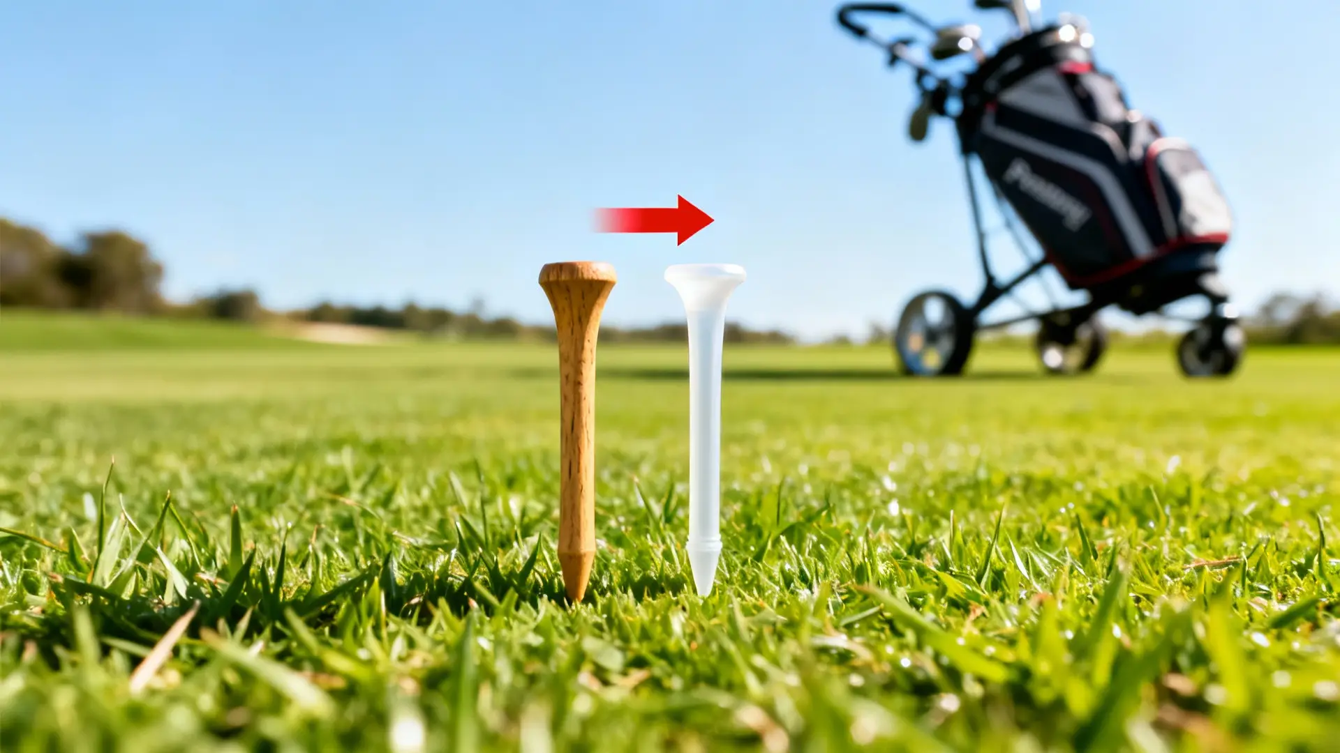 Tees de golf bois et plastique comparés sur herbe, chariot de golf flou derrière