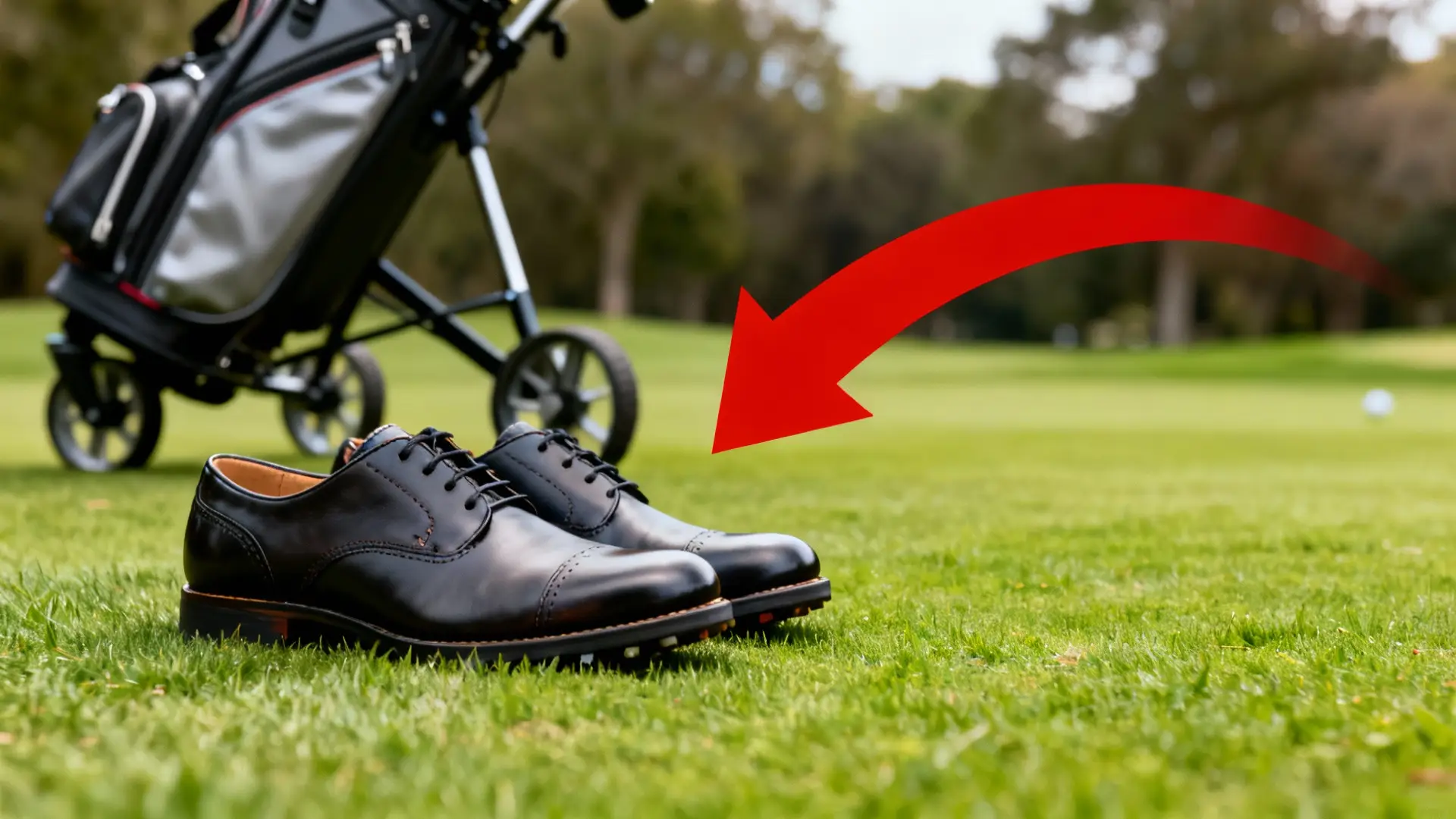Sélection de chaussures de golf premium avec flèche rouge et chariot de golf en fond