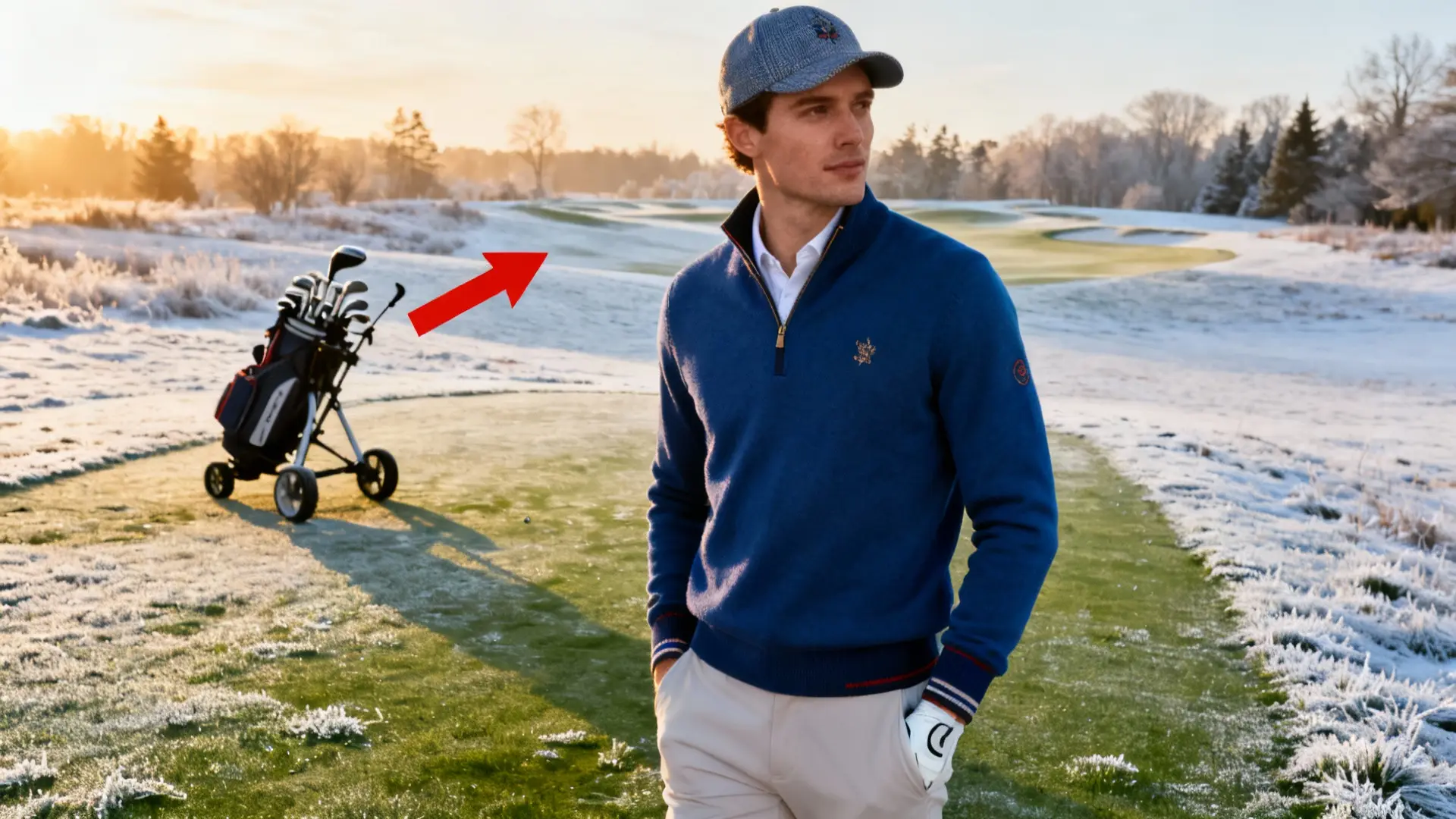 Golfeur élégant en tenue d’hiver sur green givré, chariot de golf en arrière-plan