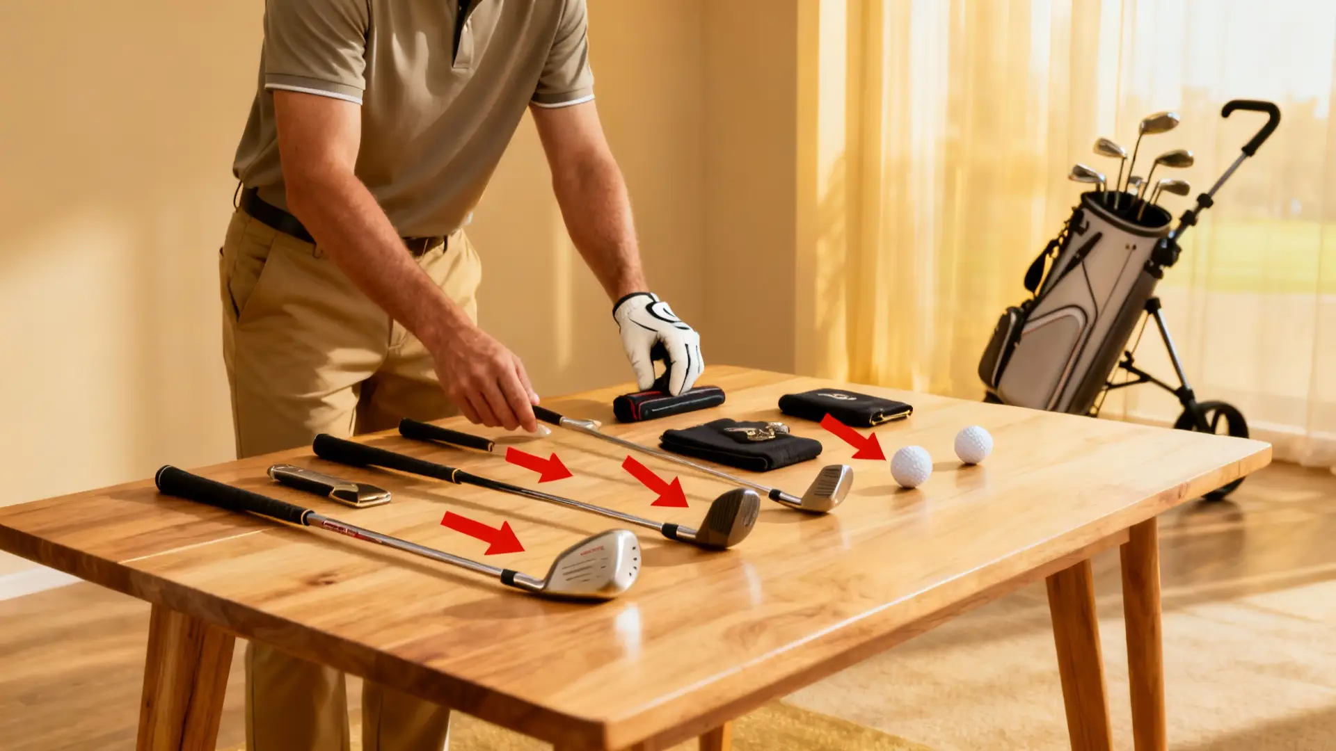 Débutant choisissant clubs de golf sur table, chariot discret en fond, ambiance lumineuse