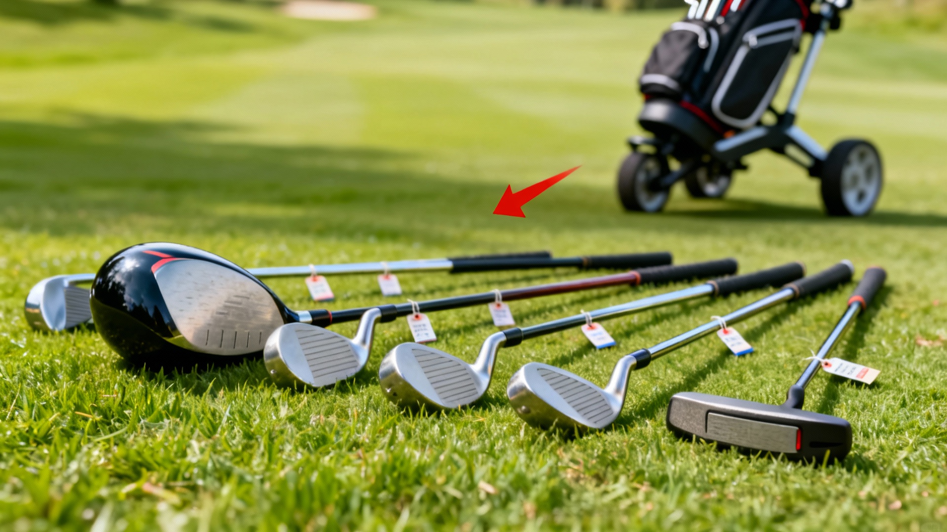 Main tenant un club de golf premium mis en valeur, trolley moderne au second plan