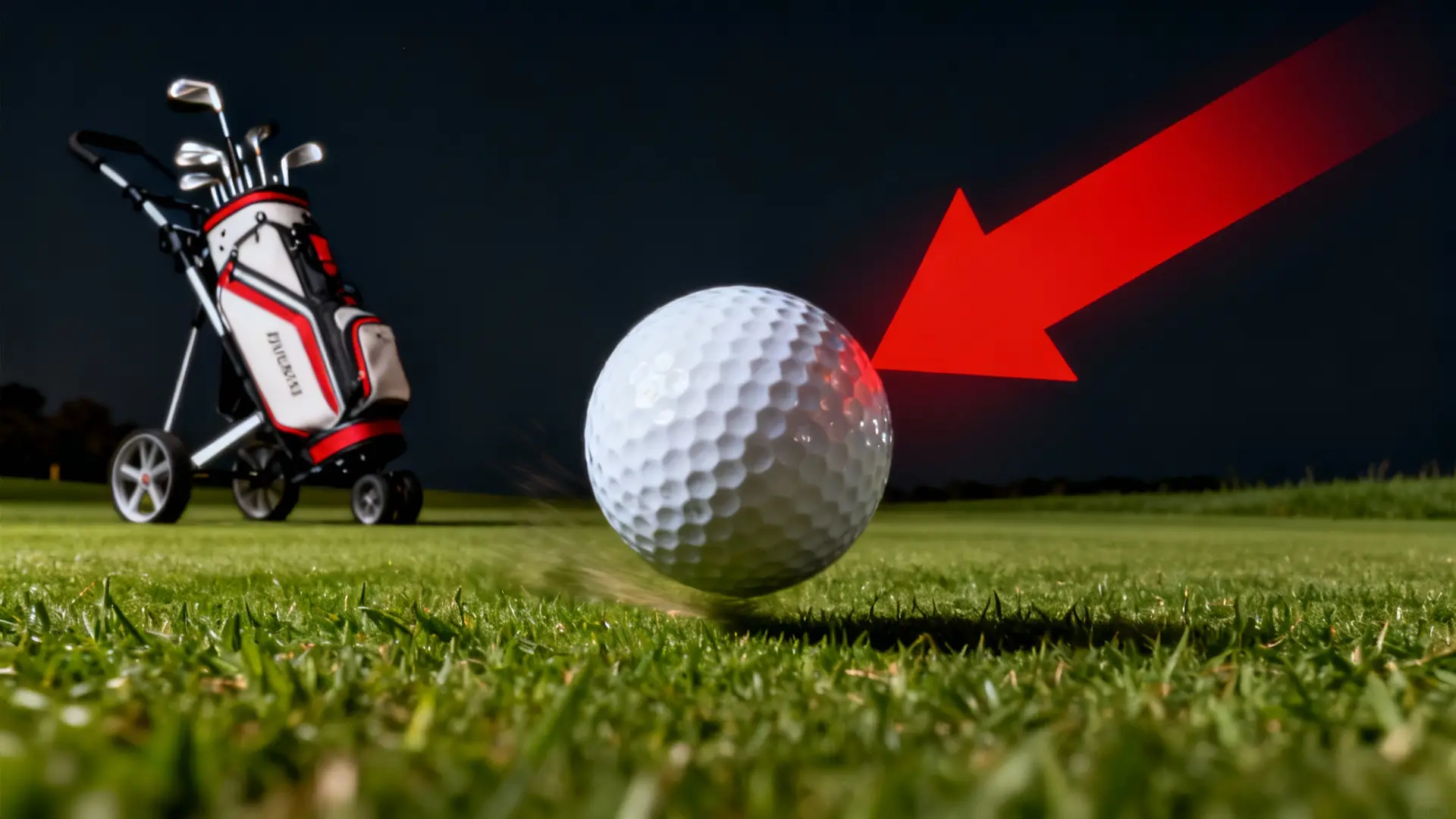 Balle de golf mise en valeur par une flèche rouge, chariot de golf en arrière-plan sur le green