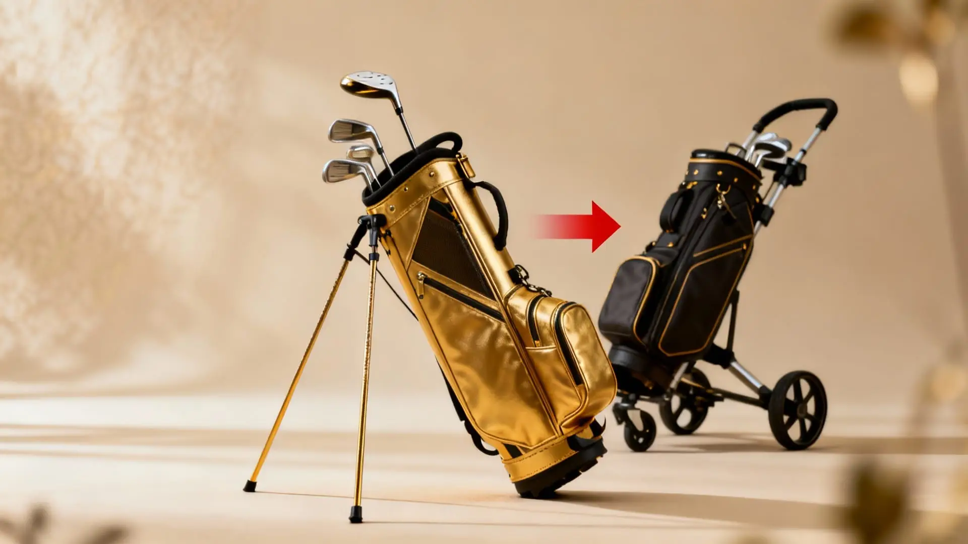 Sac de golf trépied et sac chariot côte à côte, flèche rouge, chariot en arrière-plan