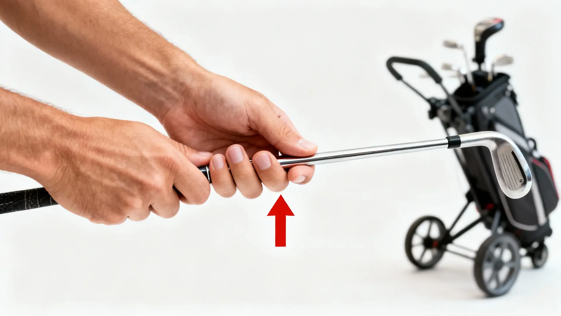 Main tenant un club de golf avec flèche rouge, chariot de golf et sac en fond discret