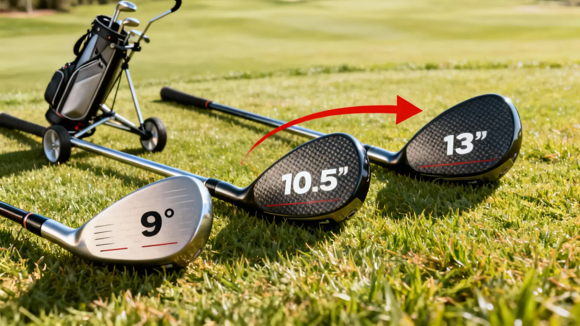 Trois drivers de golf comparés avec un chariot sur gazon haut de gamme en arrière-plan