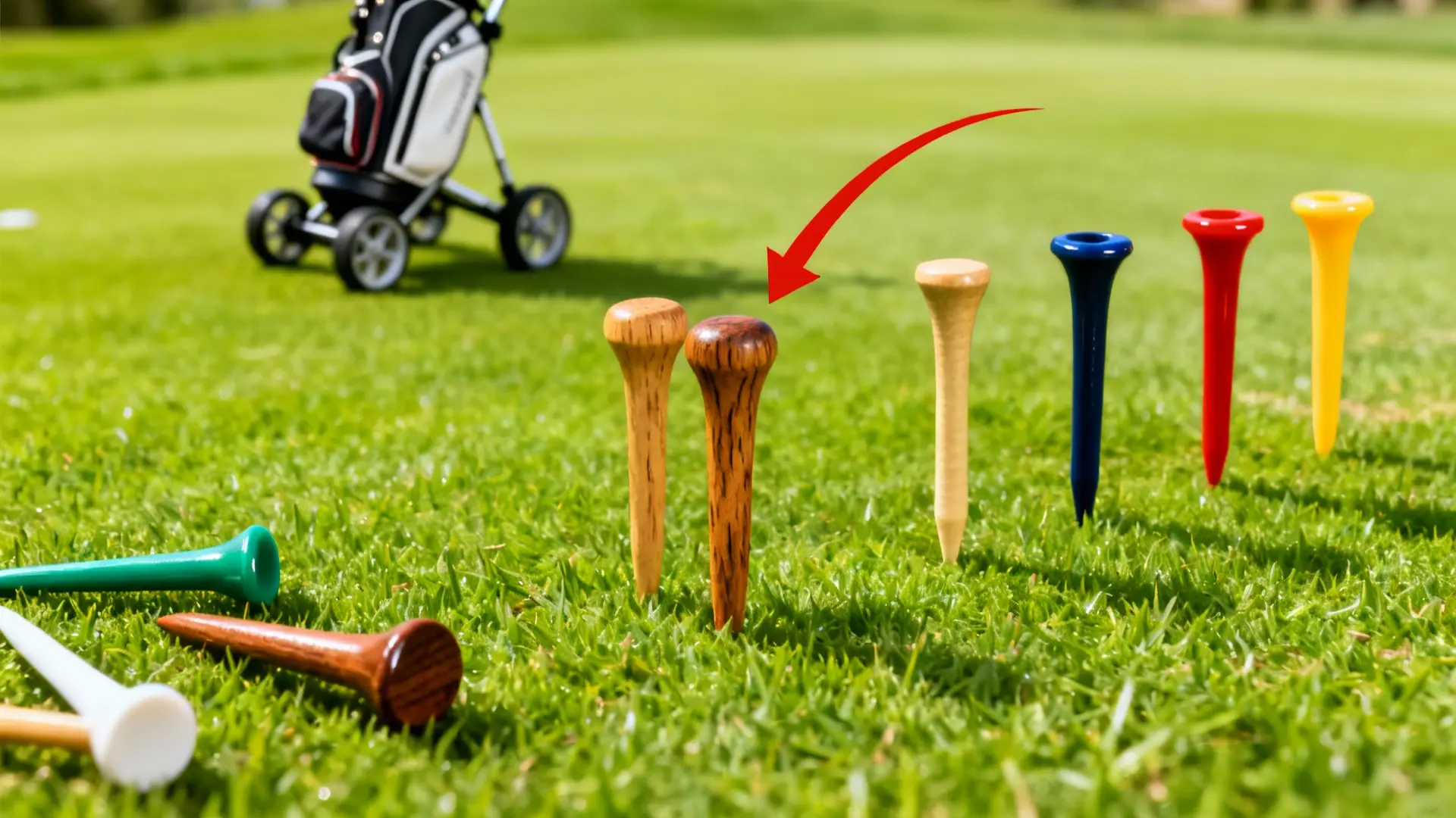 Tees de golf multicolores sur herbe, flèche rouge, chariot et sac en arrière-plan