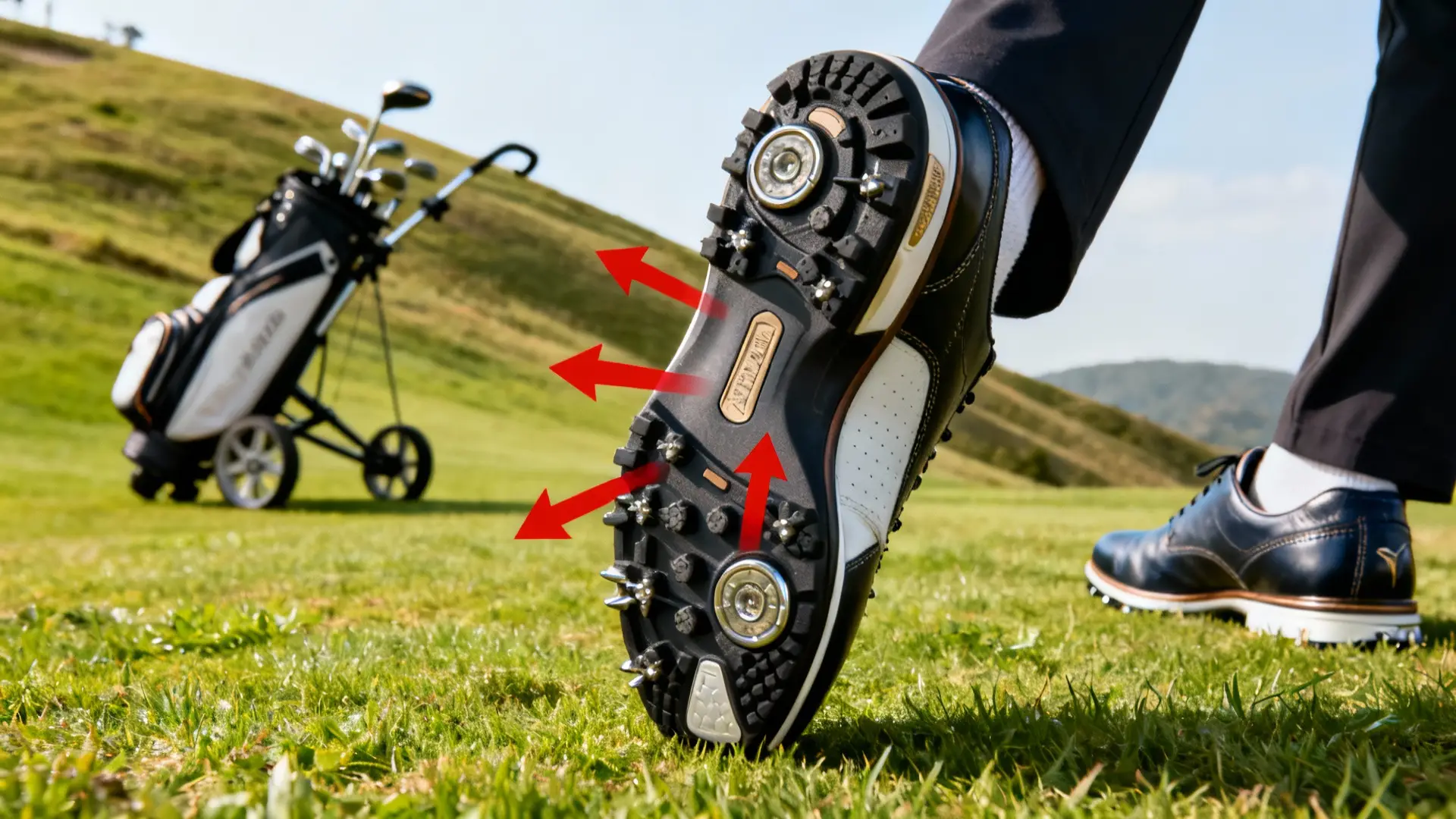 Chaussures de golf en gros plan sur herbe vallonnée, flèche rouge sur semelle, chariot discret