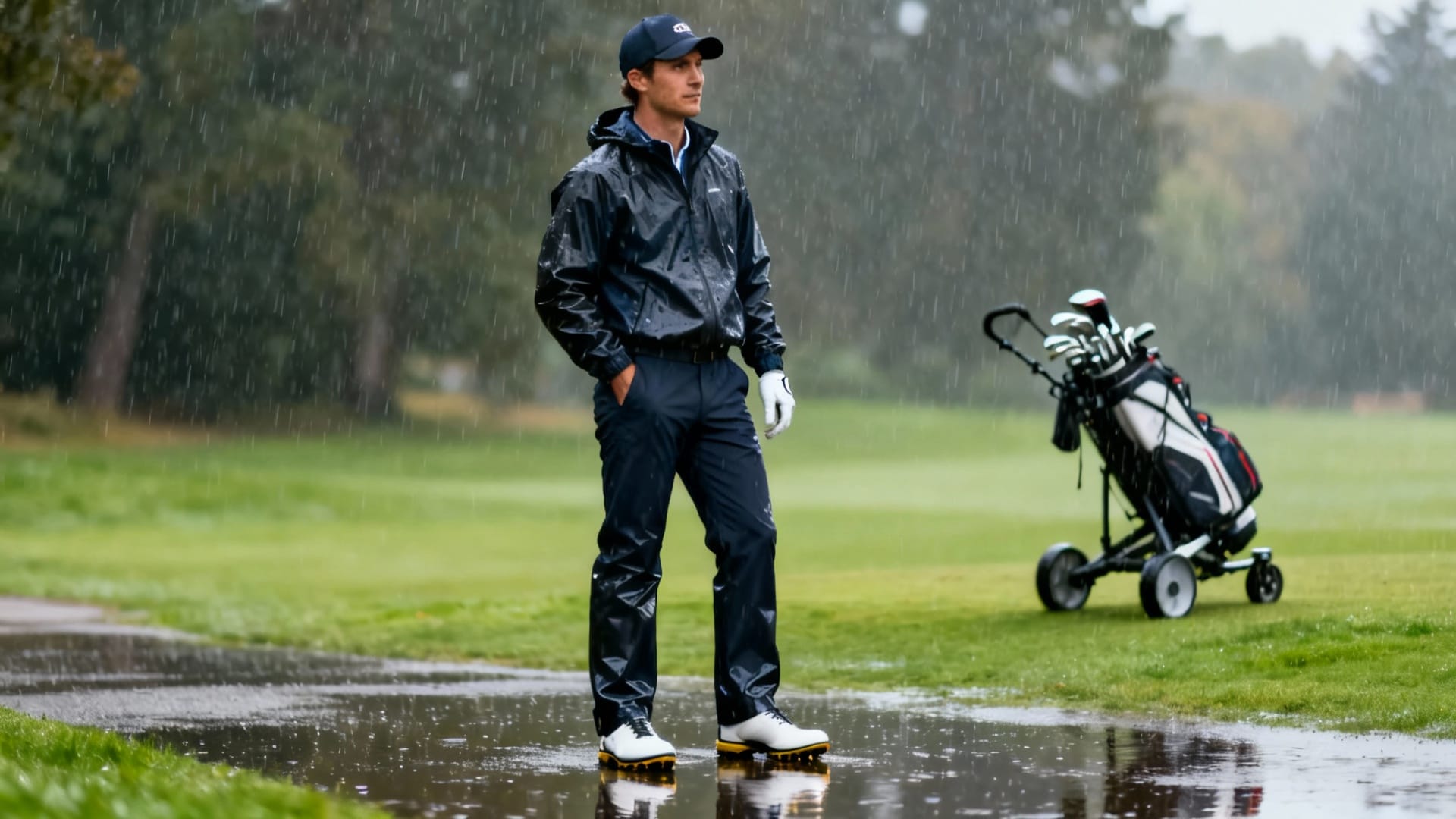 Golfeur élégant sous la pluie, flèche rouge sur la veste, chariot de golf en arrière-plan