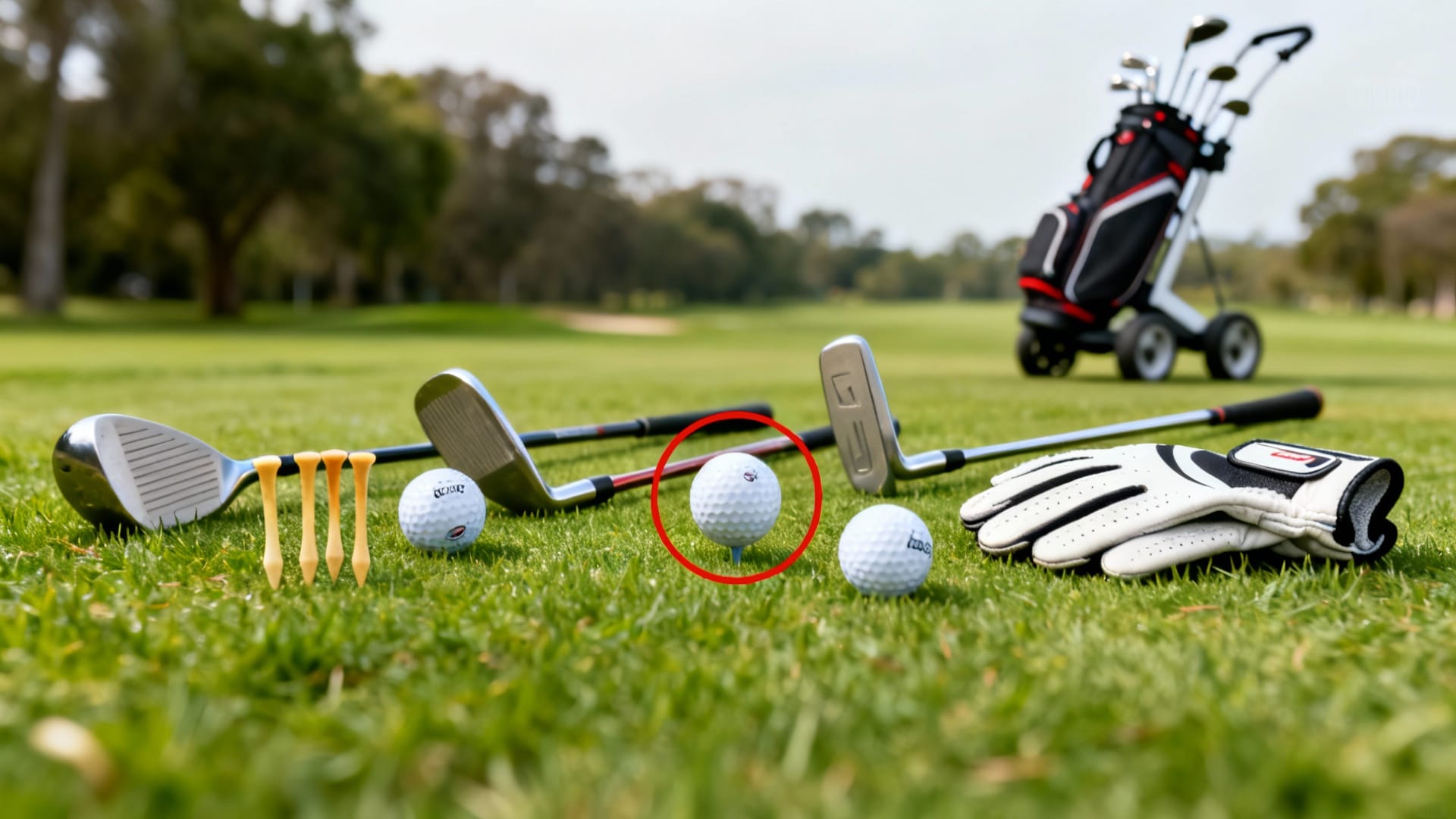 Matériel de golf abordable en vedette, sac et chariot de golf discret en arrière-plan