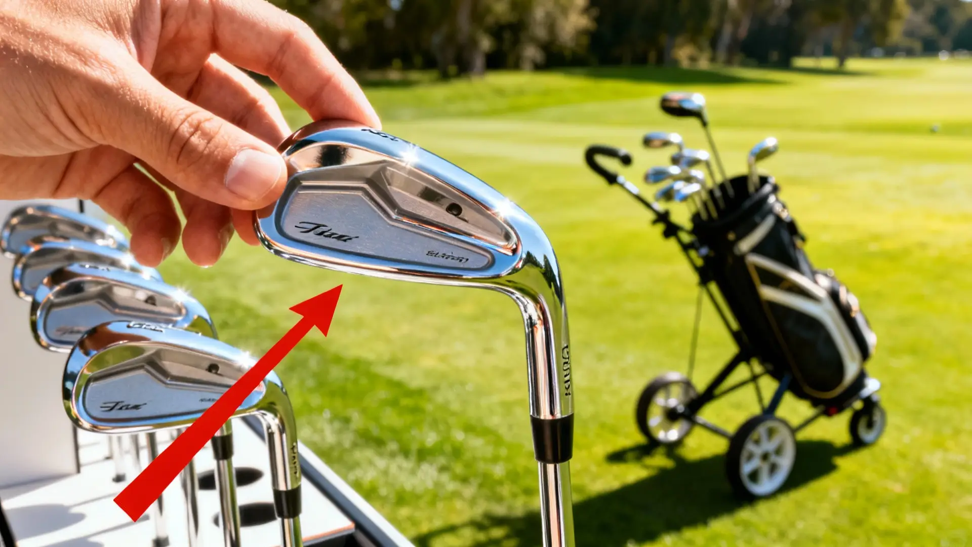 Main choisit un club de golf neuf mis en valeur, chariot en arrière-plan sur un green