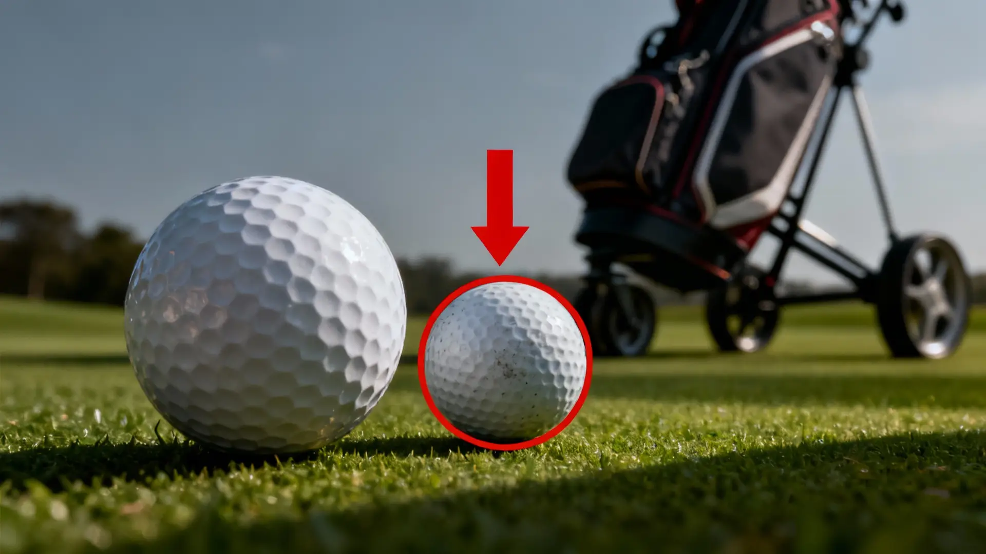 Deux balles de golf contrastées mises en avant, chariot de golf en arrière-plan, flèche rouge