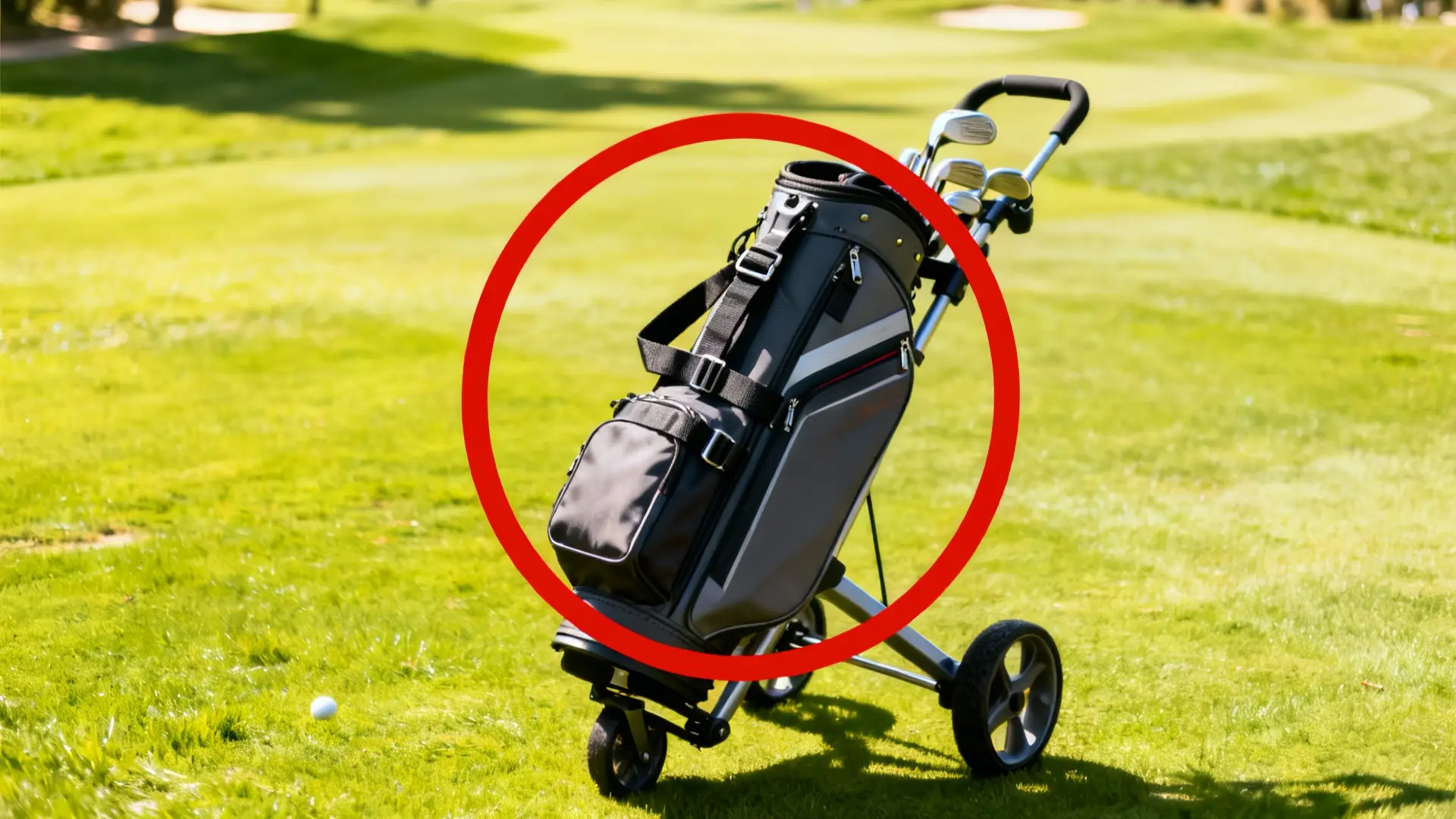 Sac de golf haut de gamme fixé sur chariot, cercle rouge sur le sac, parcours verdoyant