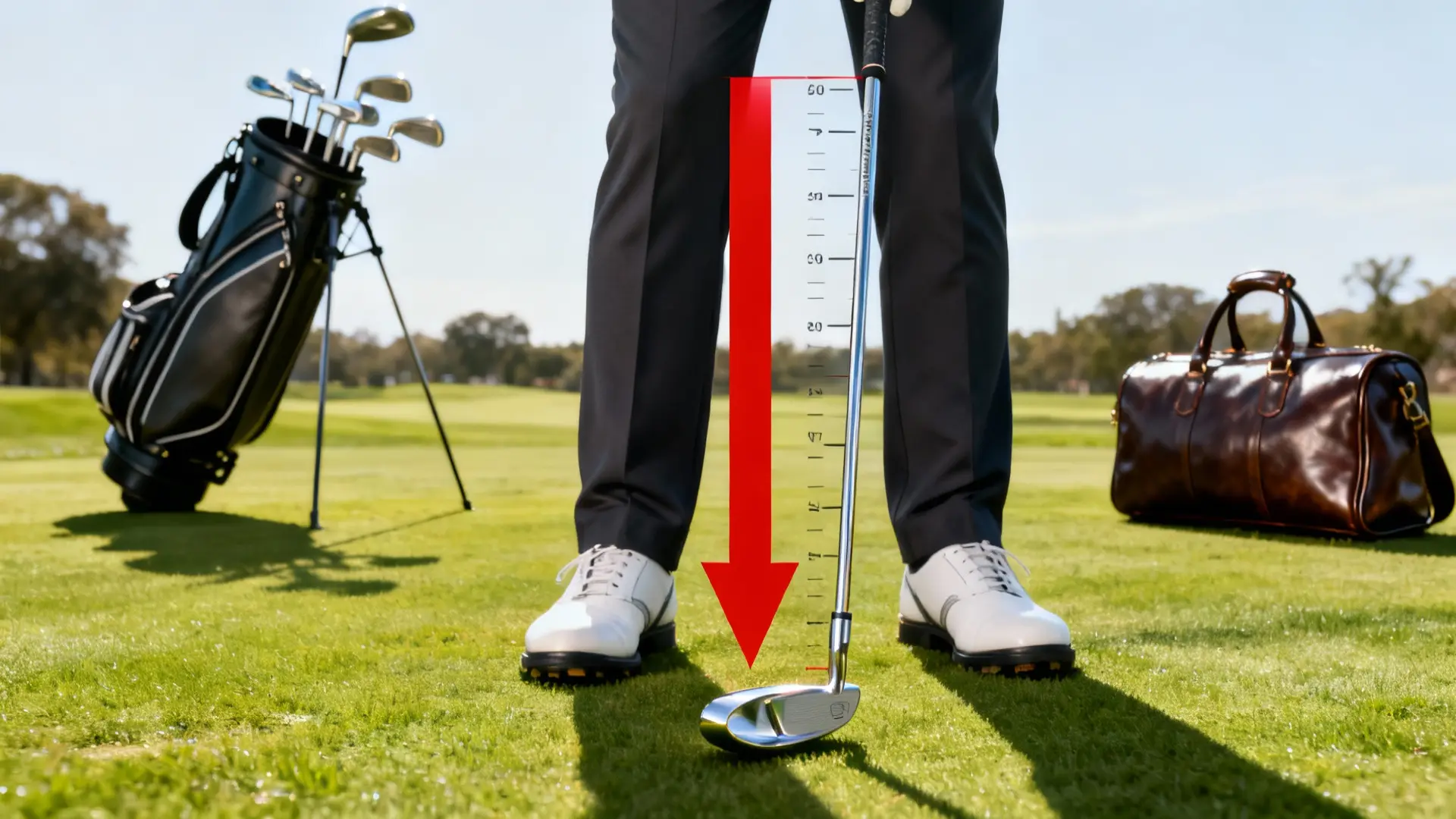Golfeur mesurant un putter, flèche rouge sur la longueur, chariot de golf en arrière-plan