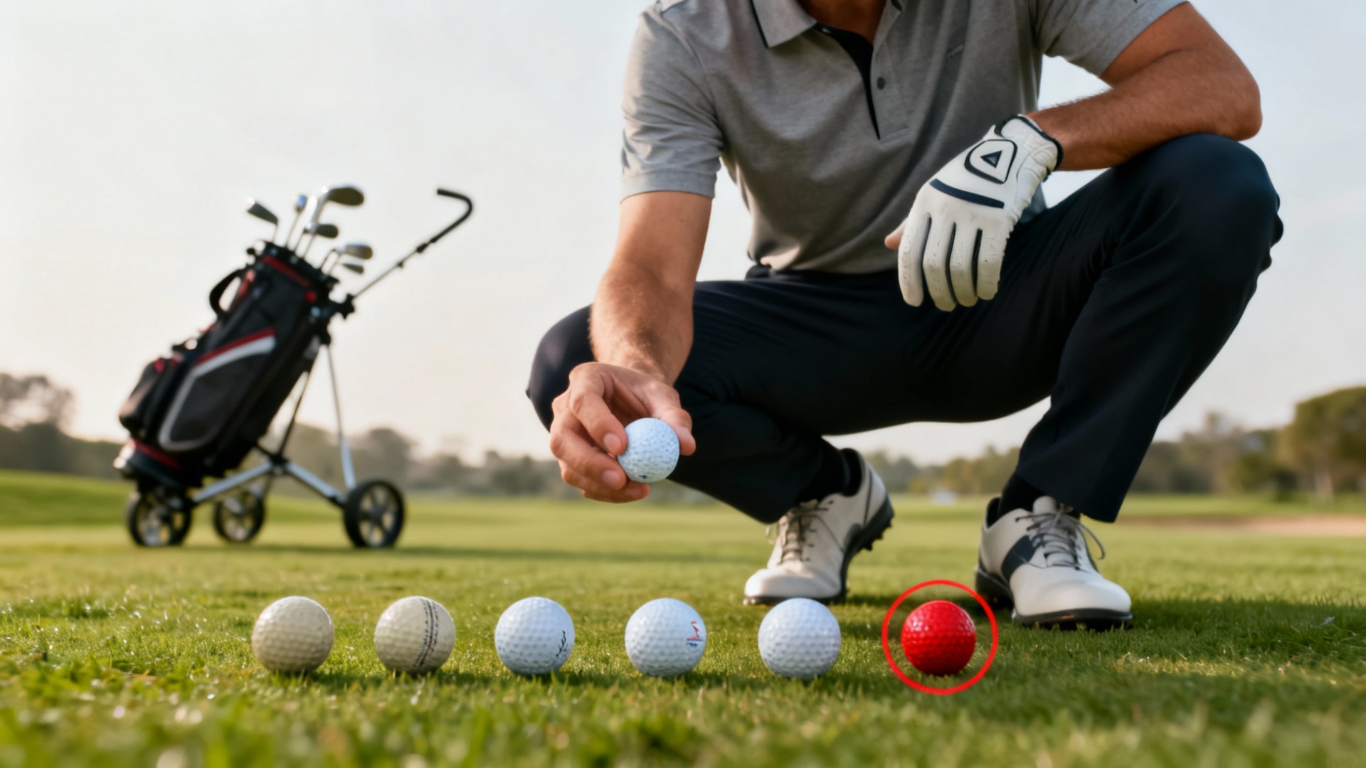 Balles de golf variées, flèche rouge sur la meilleure, chariot de golf flou derrière