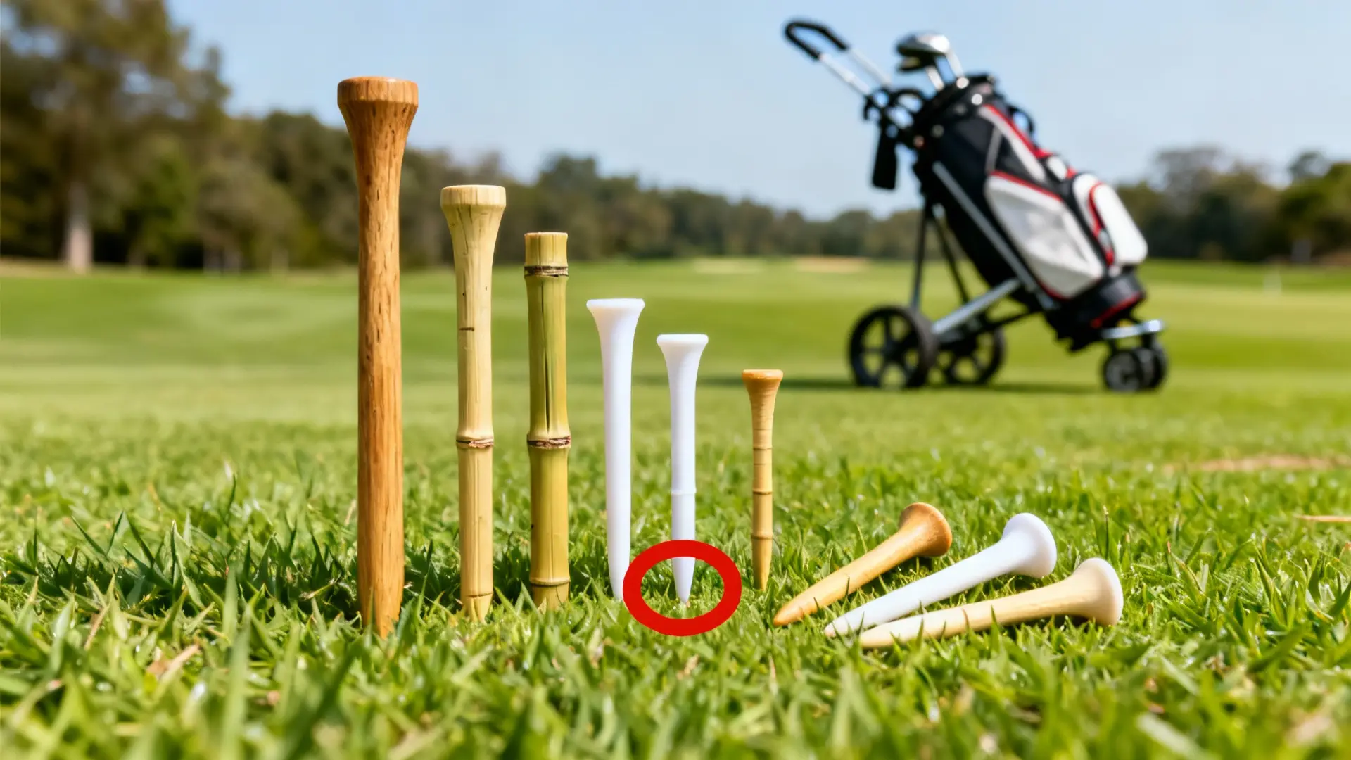 Divers tees de golf pour driver sur gazon, cercle rouge, chariot de golf en fond