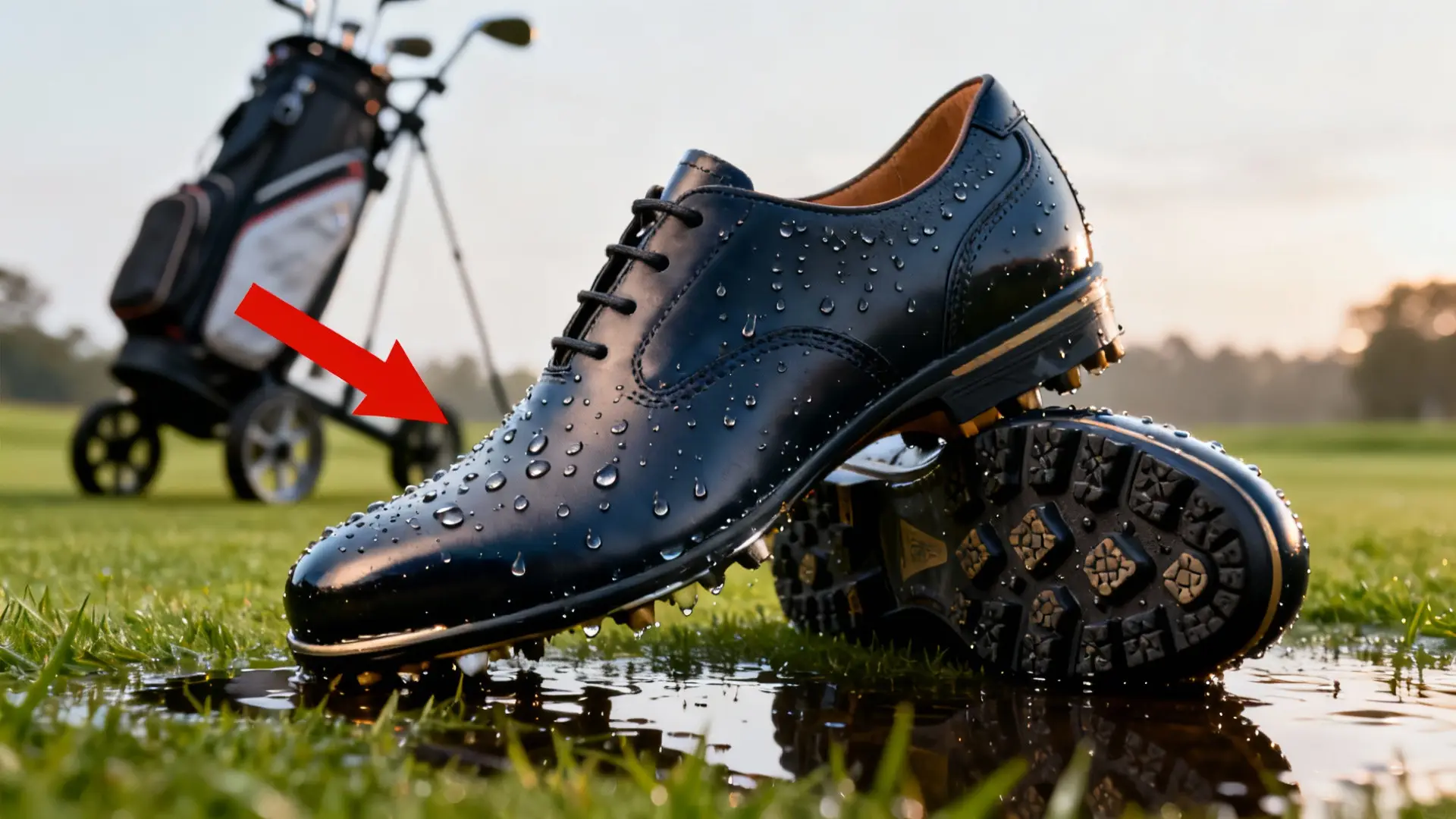 Chaussures de golf imperméables en gros plan sur herbe humide, chariot en arrière-plan