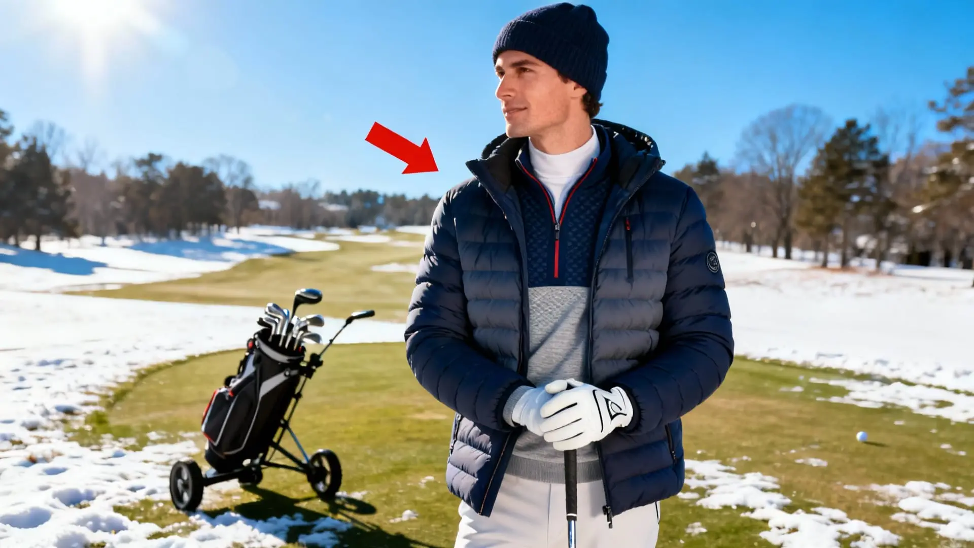 Golfeur élégant en tenue d’hiver mettant l’accent sur l’habillement, chariot en arrière-plan