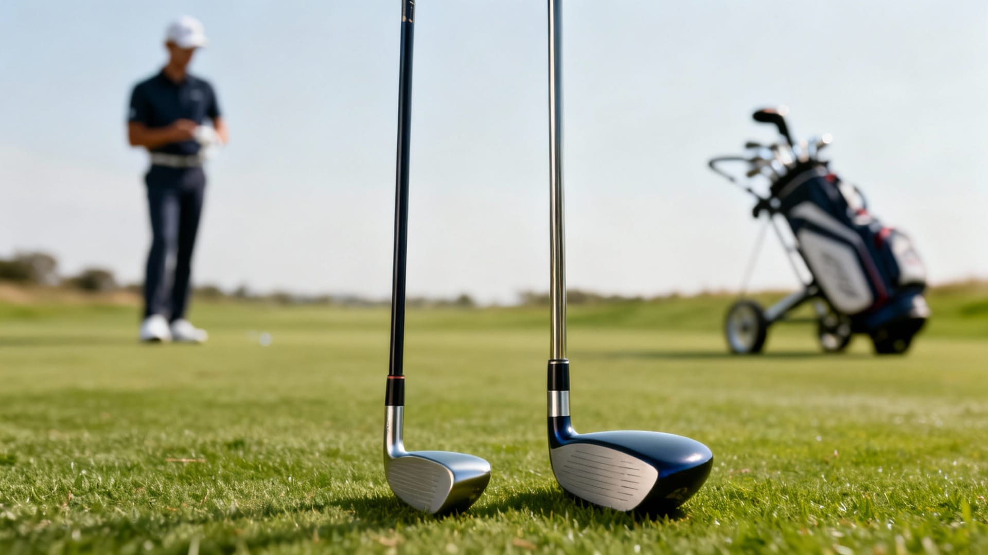 Golfeur comparant deux clubs de tailles différentes, chariot de golf en fond discret