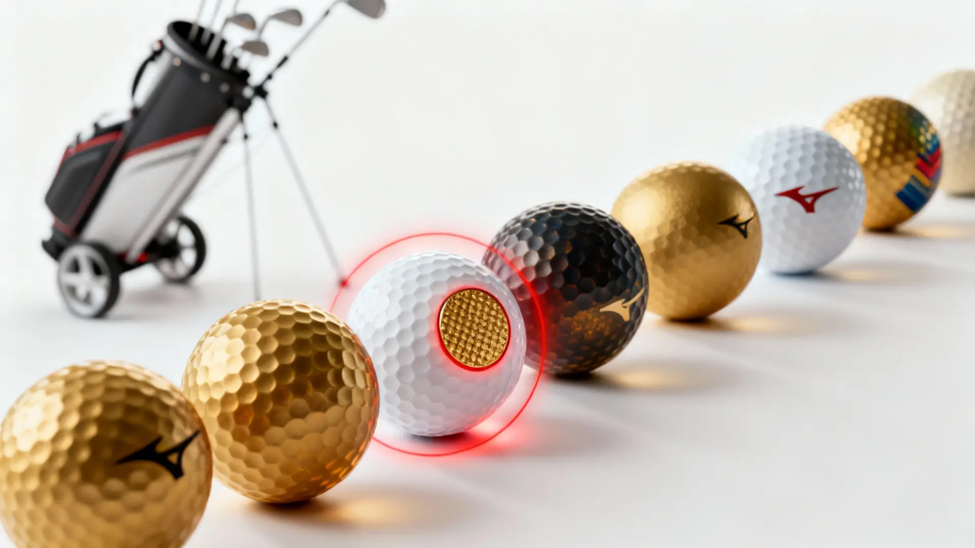 Balles de golf variées mises en avant, détail en surbrillance, chariot de golf flou derrière